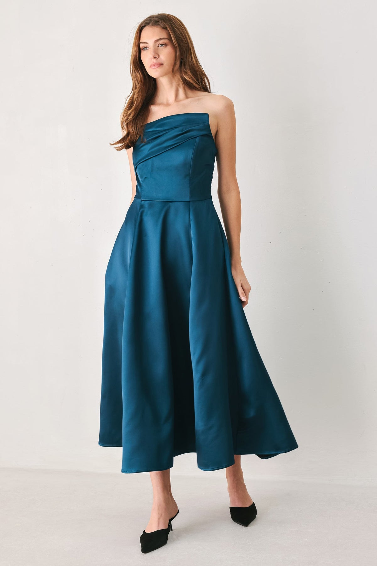 TEAL TEMPO ASYMMETRICAL STRAPLESS MIDI DRESS
