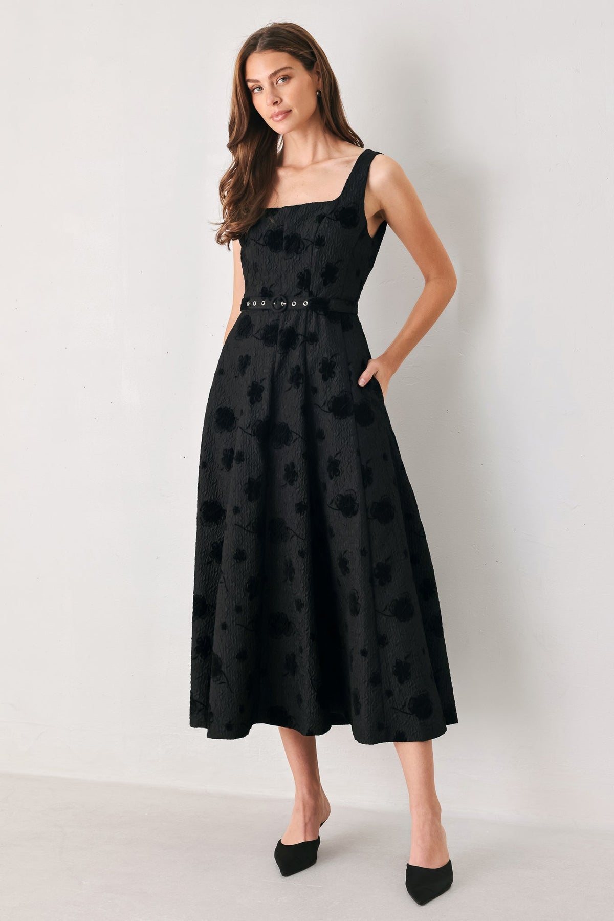 Black Floral Jacquard Square Neck Belted Midi Dress in Black, front view | Lady Black Tie