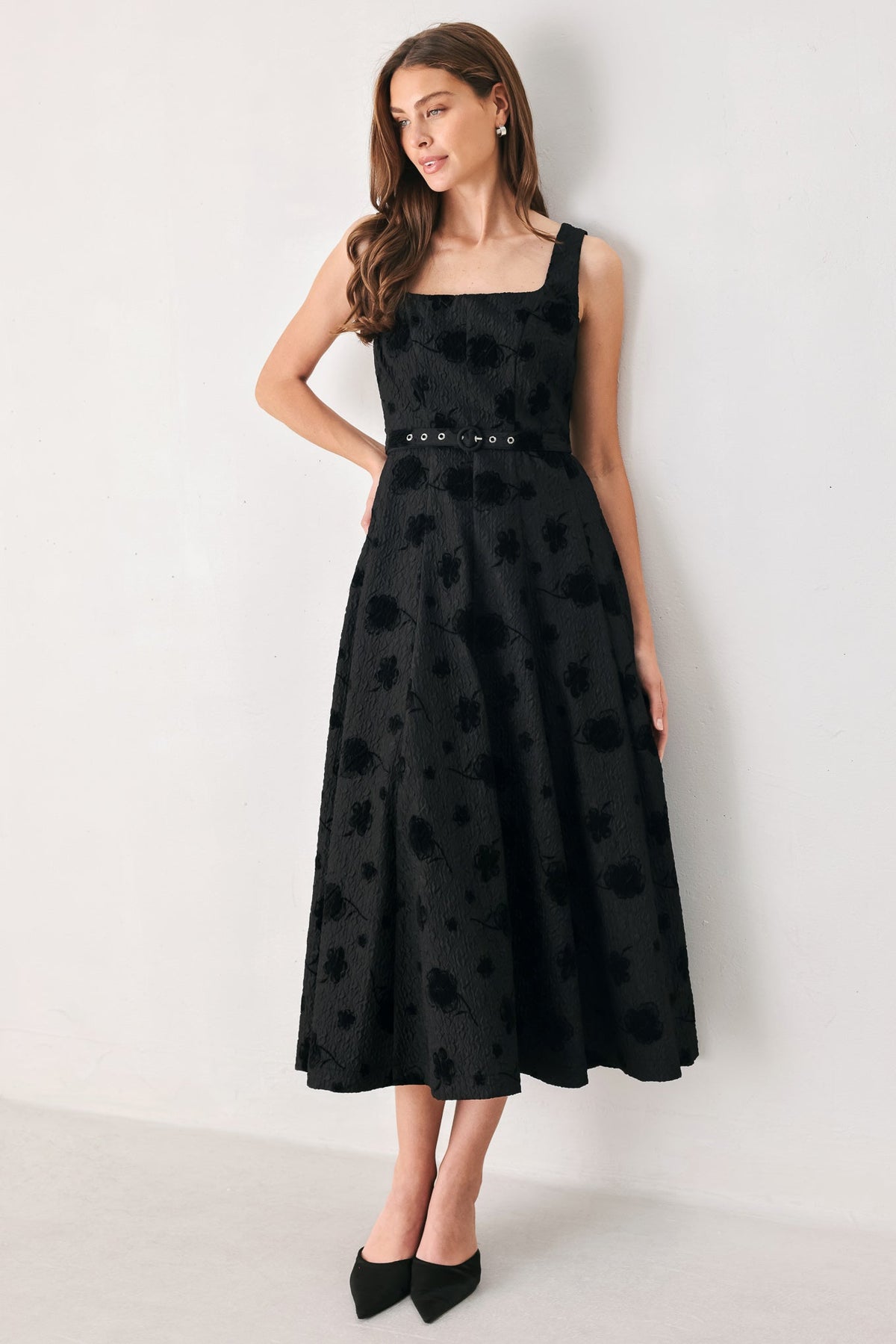 Black Floral Jacquard Square Neck Belted Midi Dress in Black, alternate view | Lady Black Tie