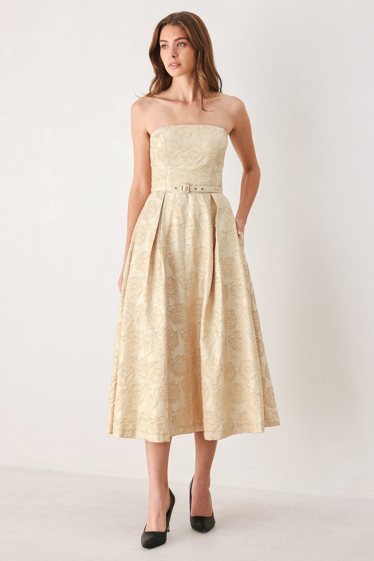 Gold Jacquard Strapless Belted Midi Dress in Gold, front view with hand in pocket | Lady Black Tie