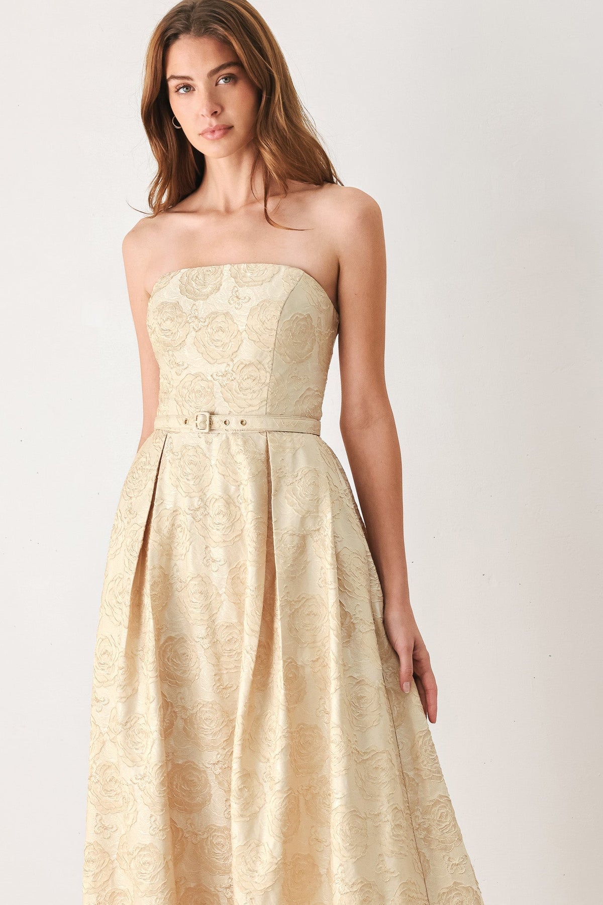 Gold Jacquard Strapless Belted Midi Dress in Gold, front view | Lady Black Tie