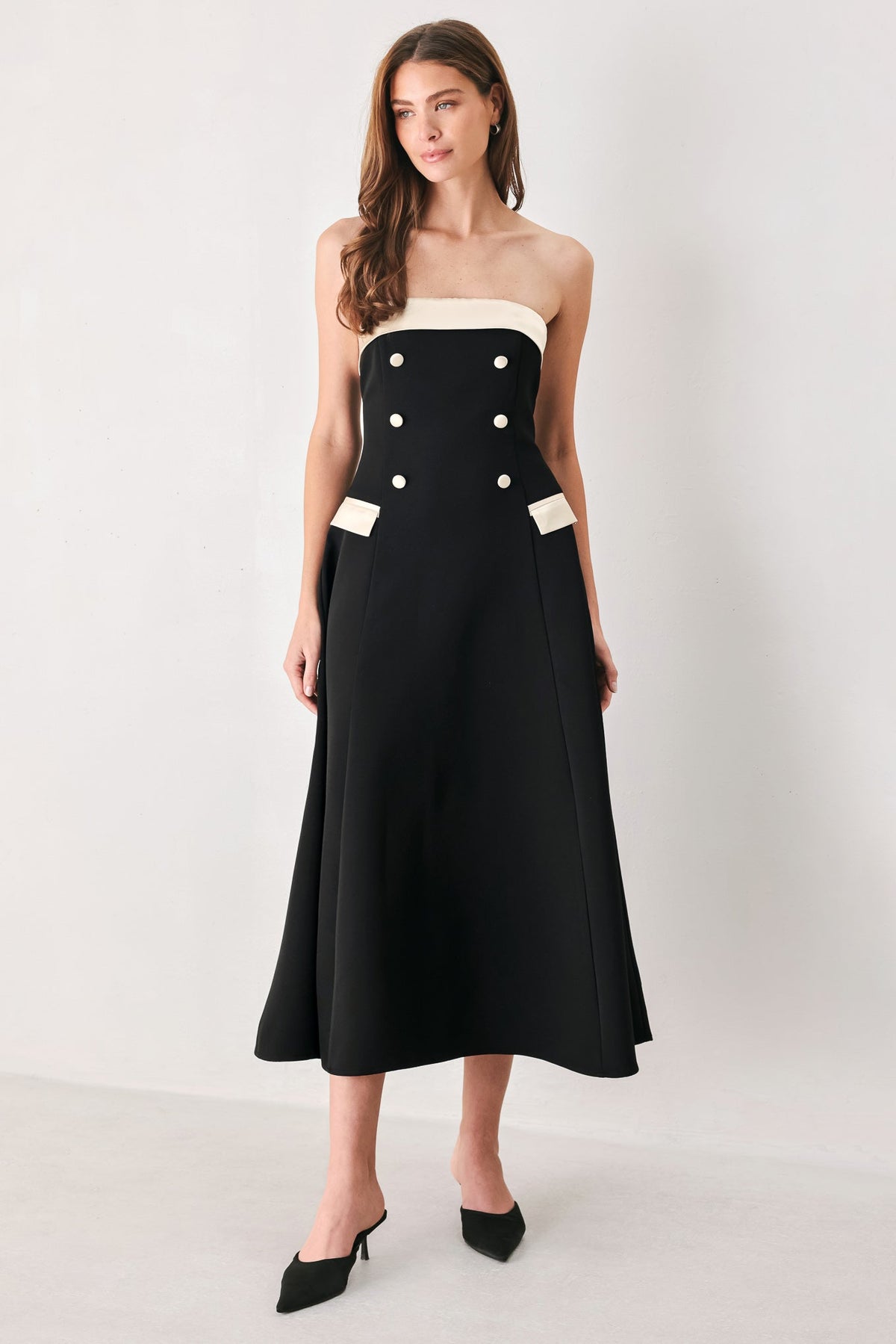 PARISIAN POISE BLACK & CREAM STRAPLESS MIDI DRESS