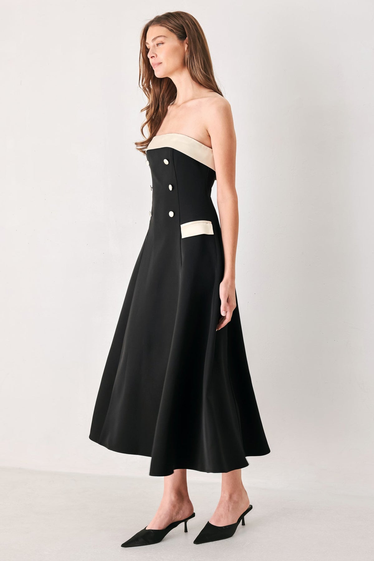 PARISIAN POISE BLACK & CREAM STRAPLESS MIDI DRESS