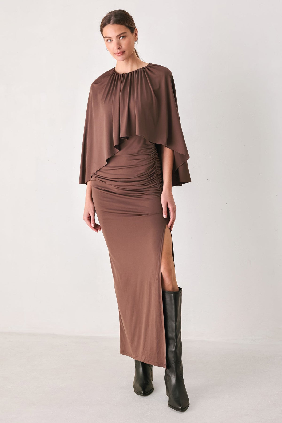 DUSTY ROSE DRAPE CAPLET SHIRRED MIDI DRESS