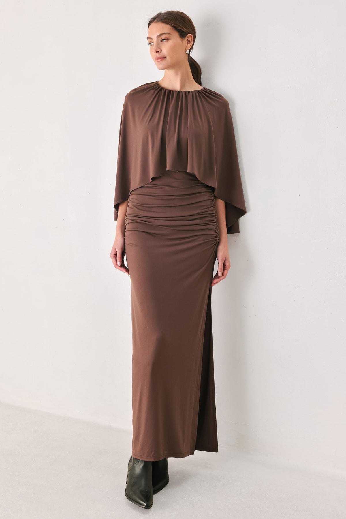 DUSTY ROSE DRAPE CAPLET SHIRRED MIDI DRESS