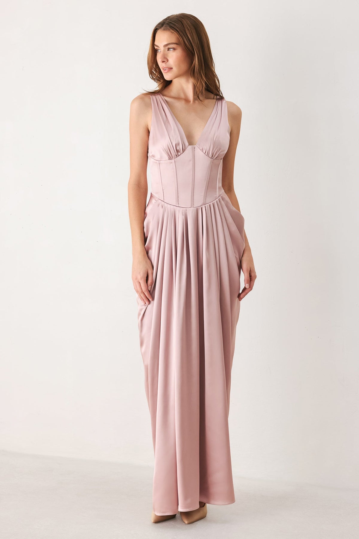 Pink V-Neck Corset Draped Maxi Dress in Pink, front view | Lady Black Tie