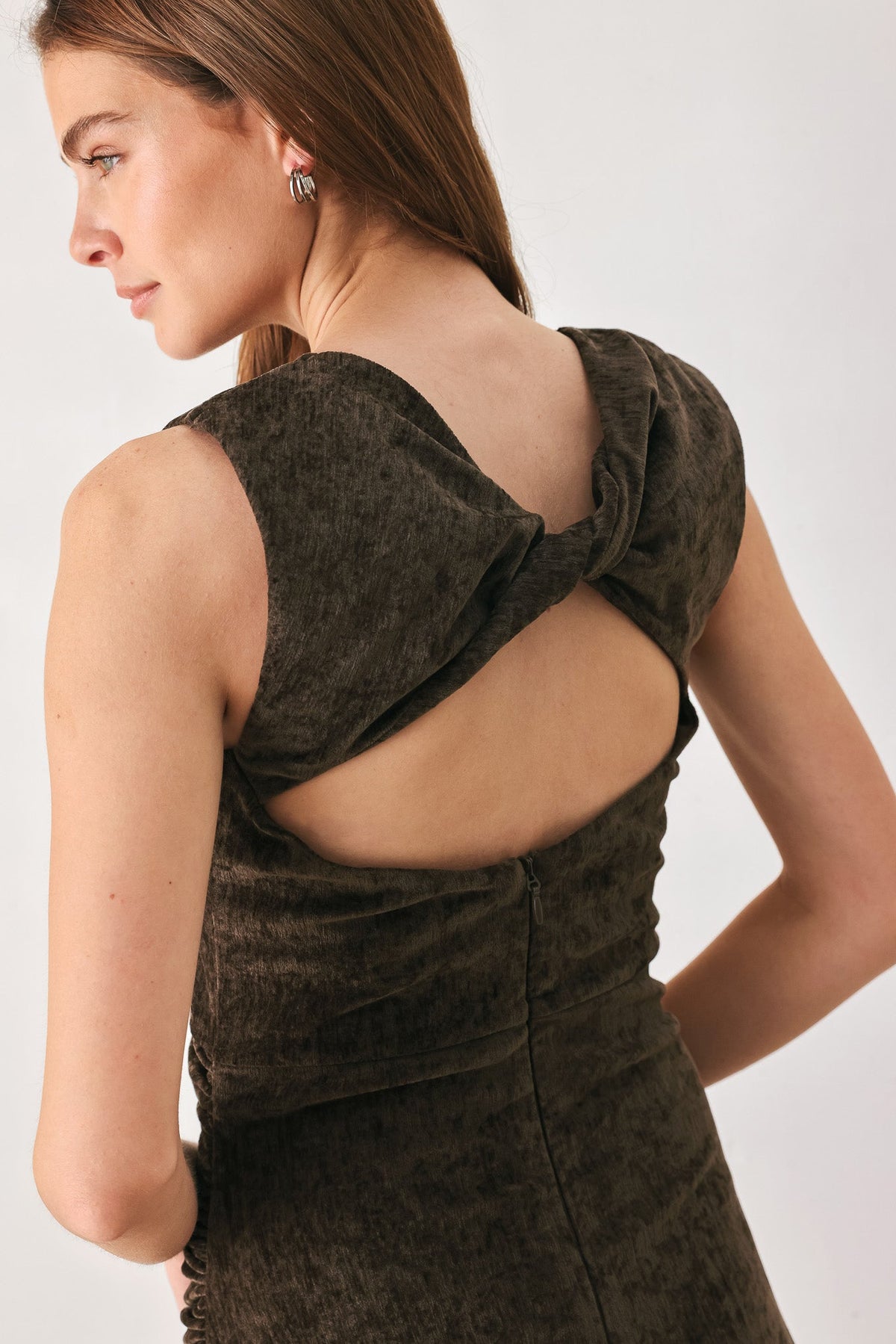 Brown Chenille Ruched Twist Open Back Midi Dress in Brown, alternate view | Lady Black Tie