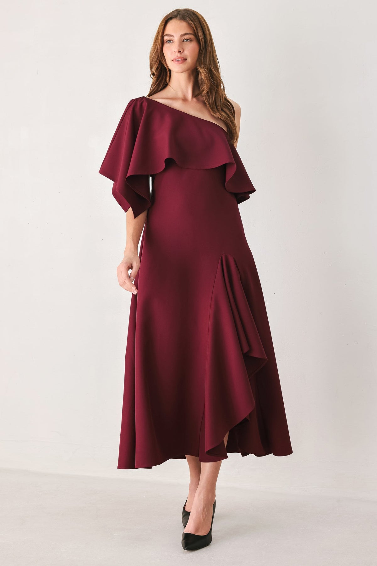 Burgundy One-Shoulder Ruffle Midi Dress in Burgundy, front view | Lady Black Tie