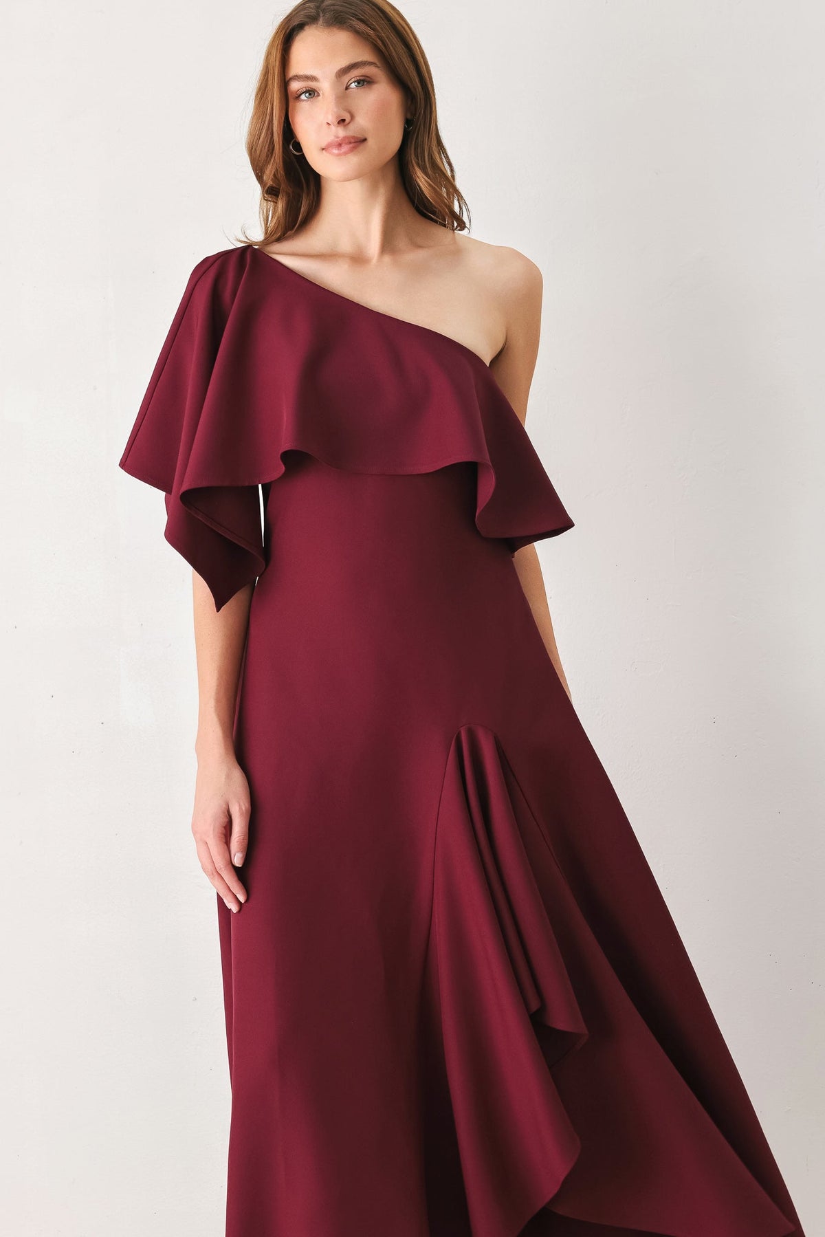 Burgundy One-Shoulder Ruffle Midi Dress in Burgundy, alternate view | Lady Black Tie