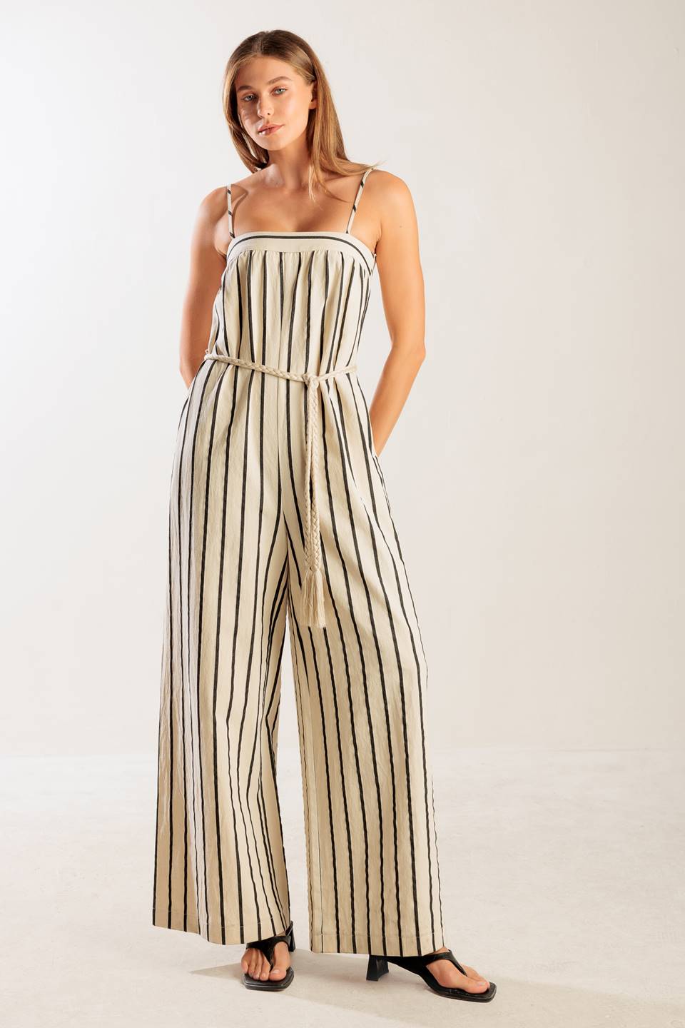 Brady Striped Jumpsuit – Braided Belt & Pockets | Lady Black Tie
