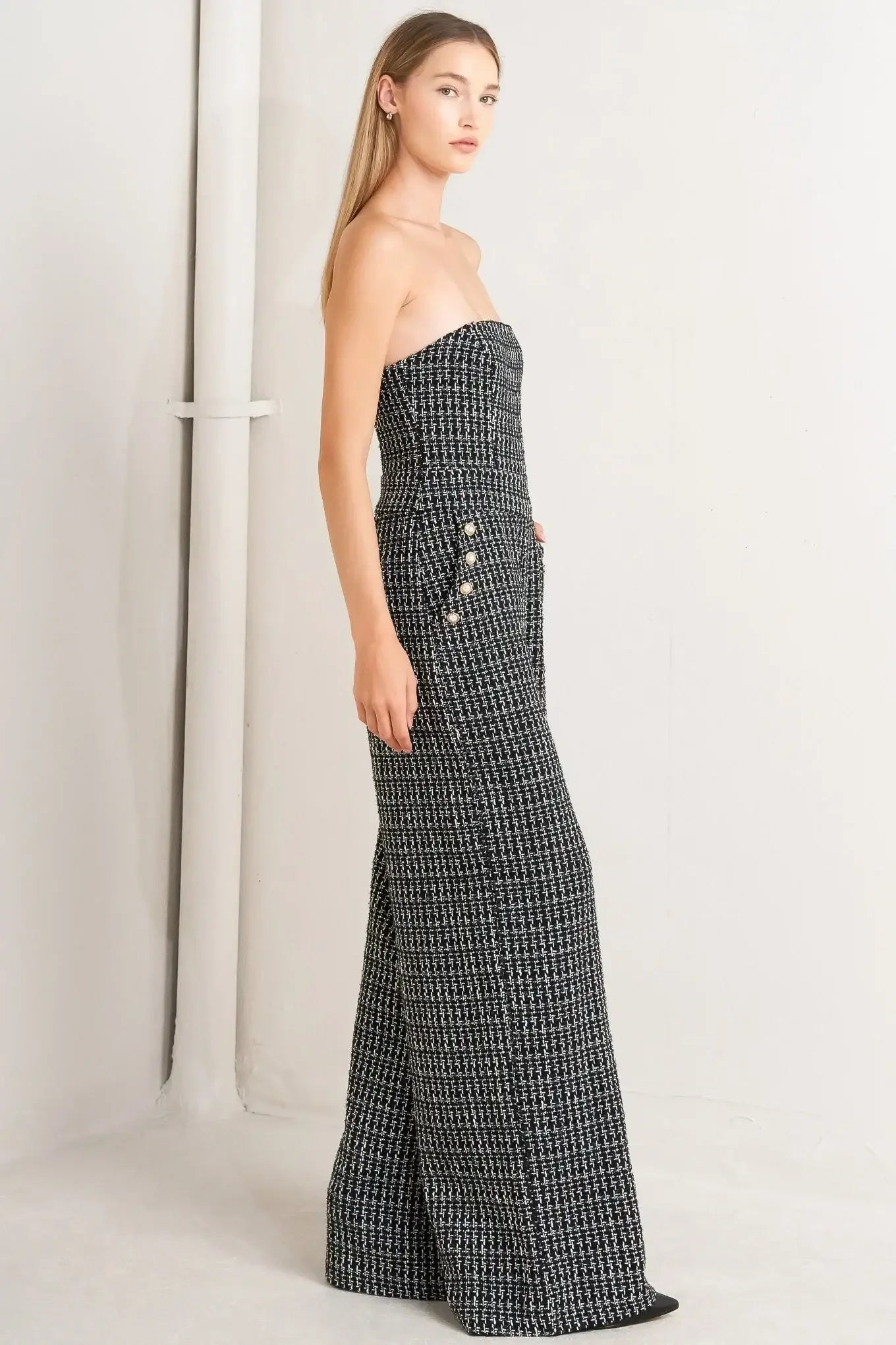 Strapless houndstooth jumpsuit