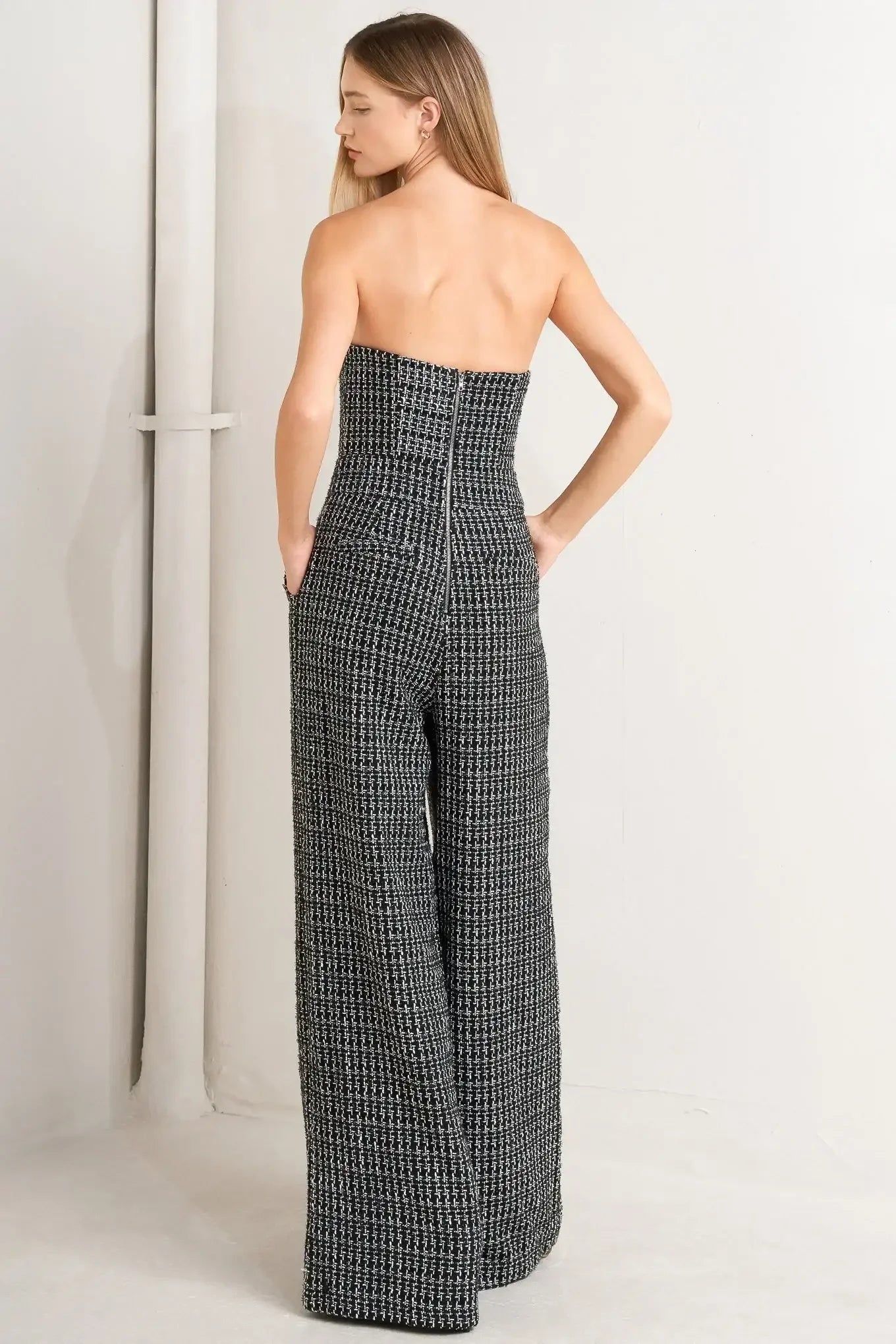 Strapless houndstooth jumpsuit