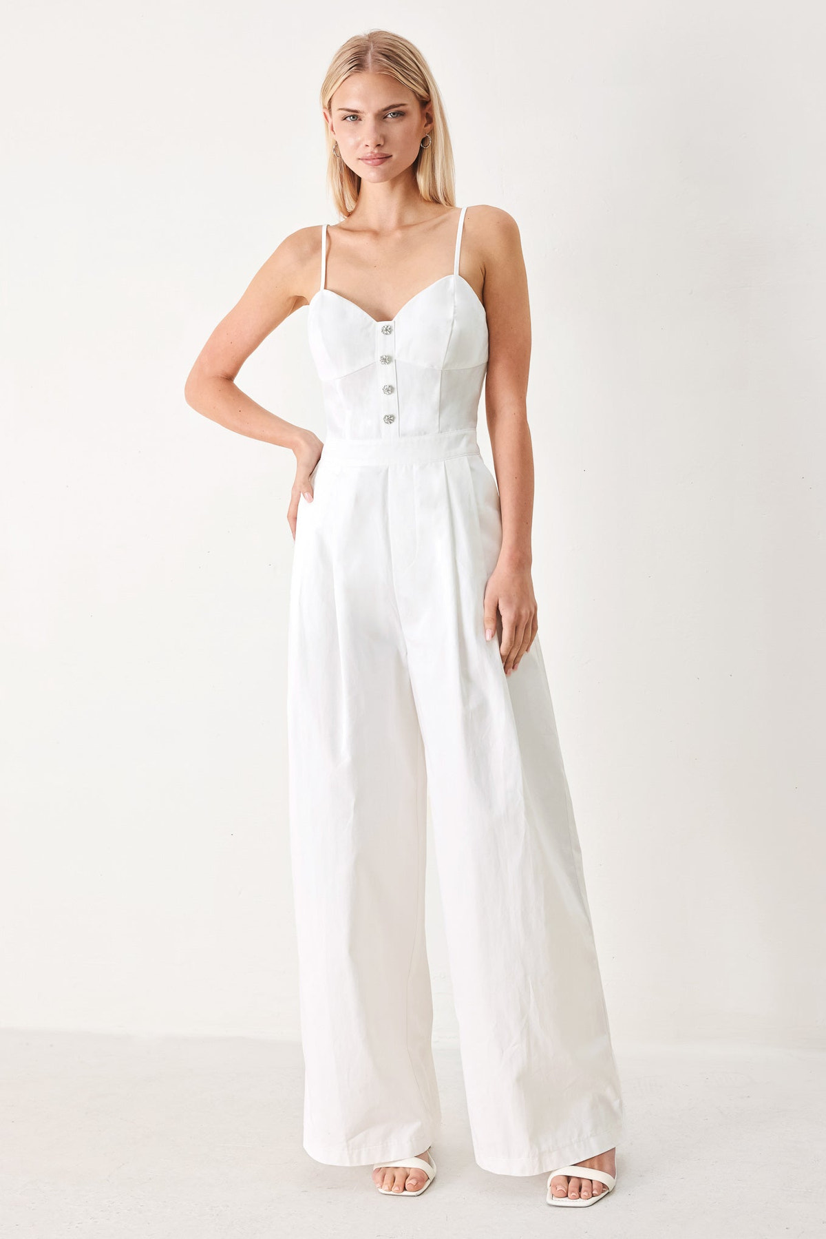 White Button Front Wide Leg Jumpsuit with Pockets in White, front view | Lady Black Tie