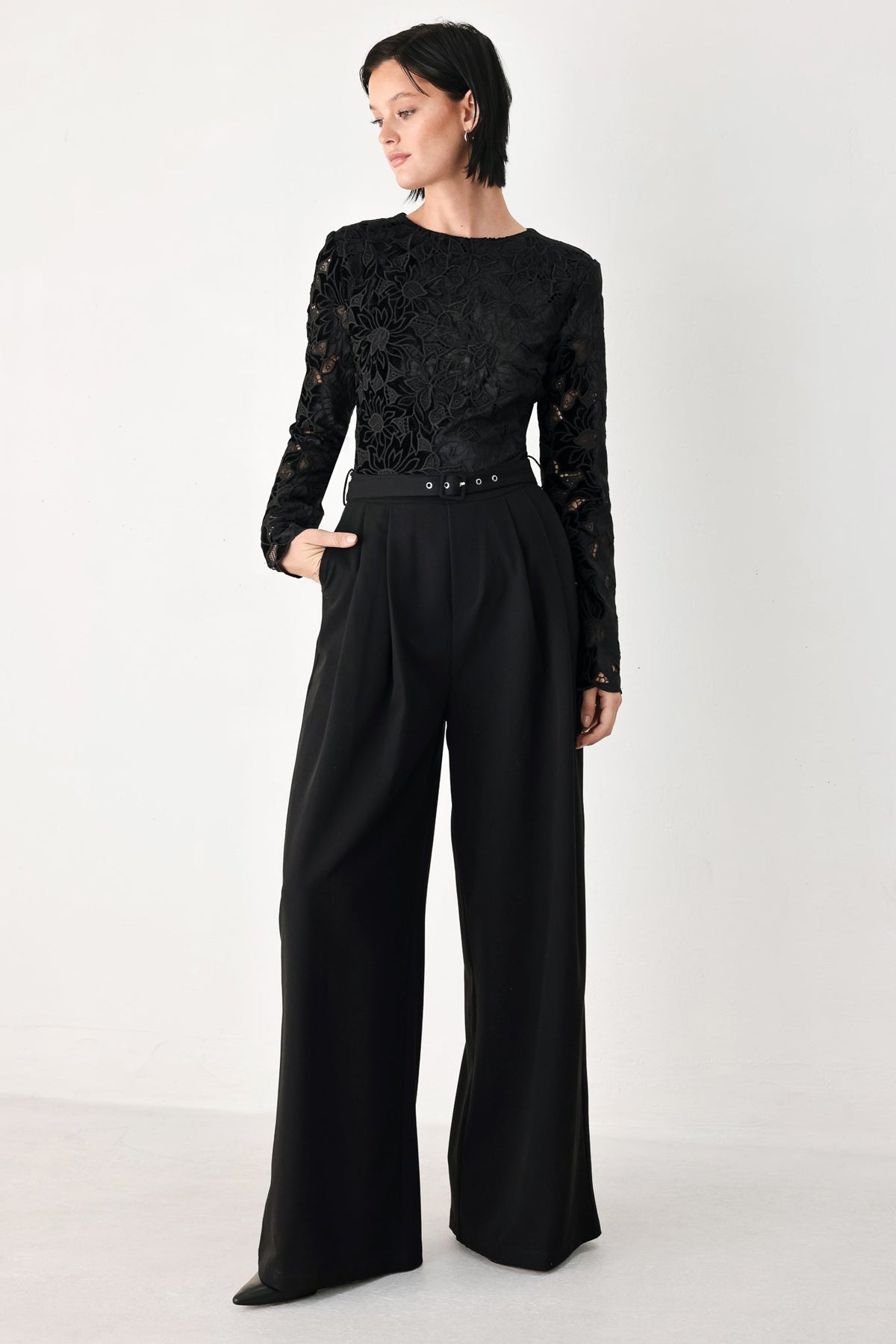 Black Lace Long Sleeve Belted Wide Leg Jumpsuit in Black, alternate view | Lady Black Tie