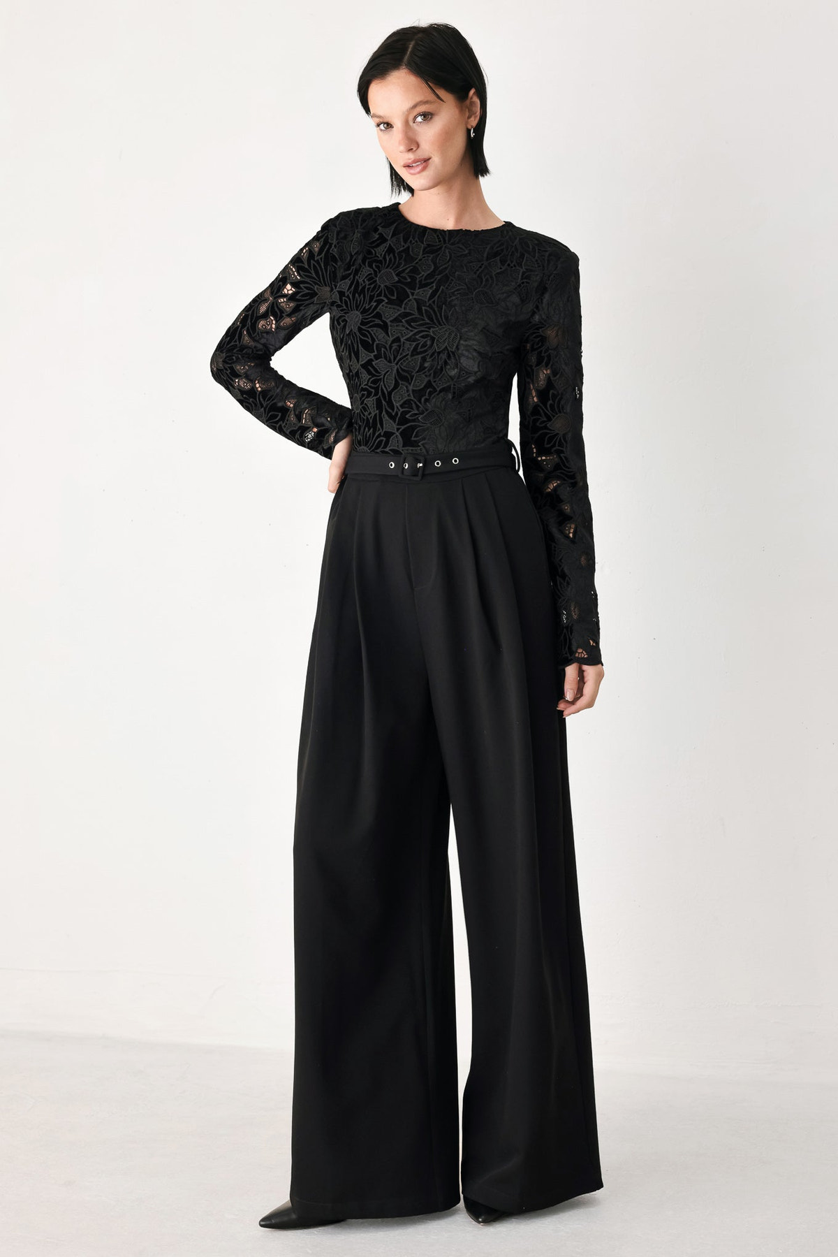 Black Lace Long Sleeve Belted Wide Leg Jumpsuit in Black, front view | Lady Black Tie