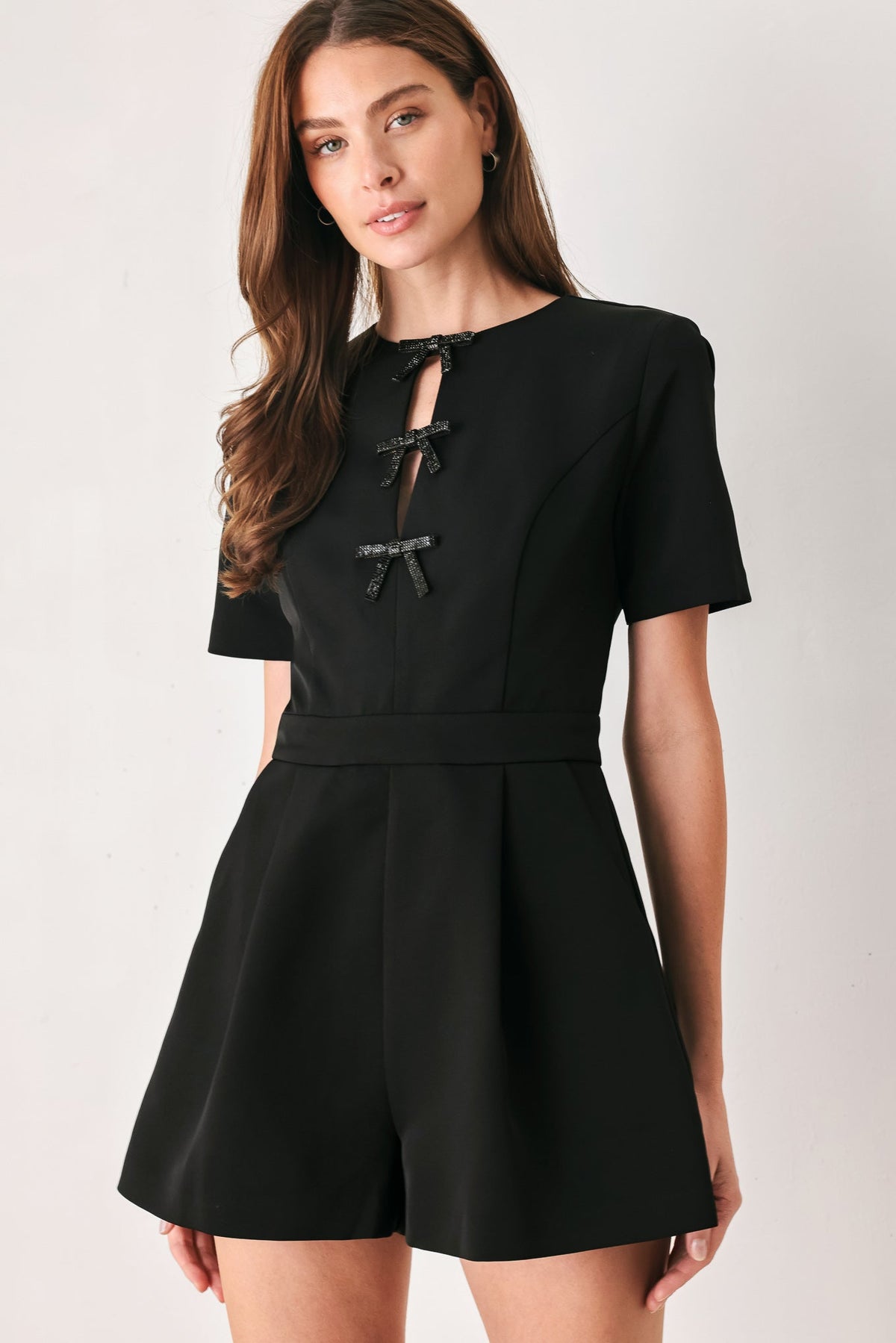 Black Rhinestone Bow Keyhole Romper in Black, front view | Lady Black Tie
