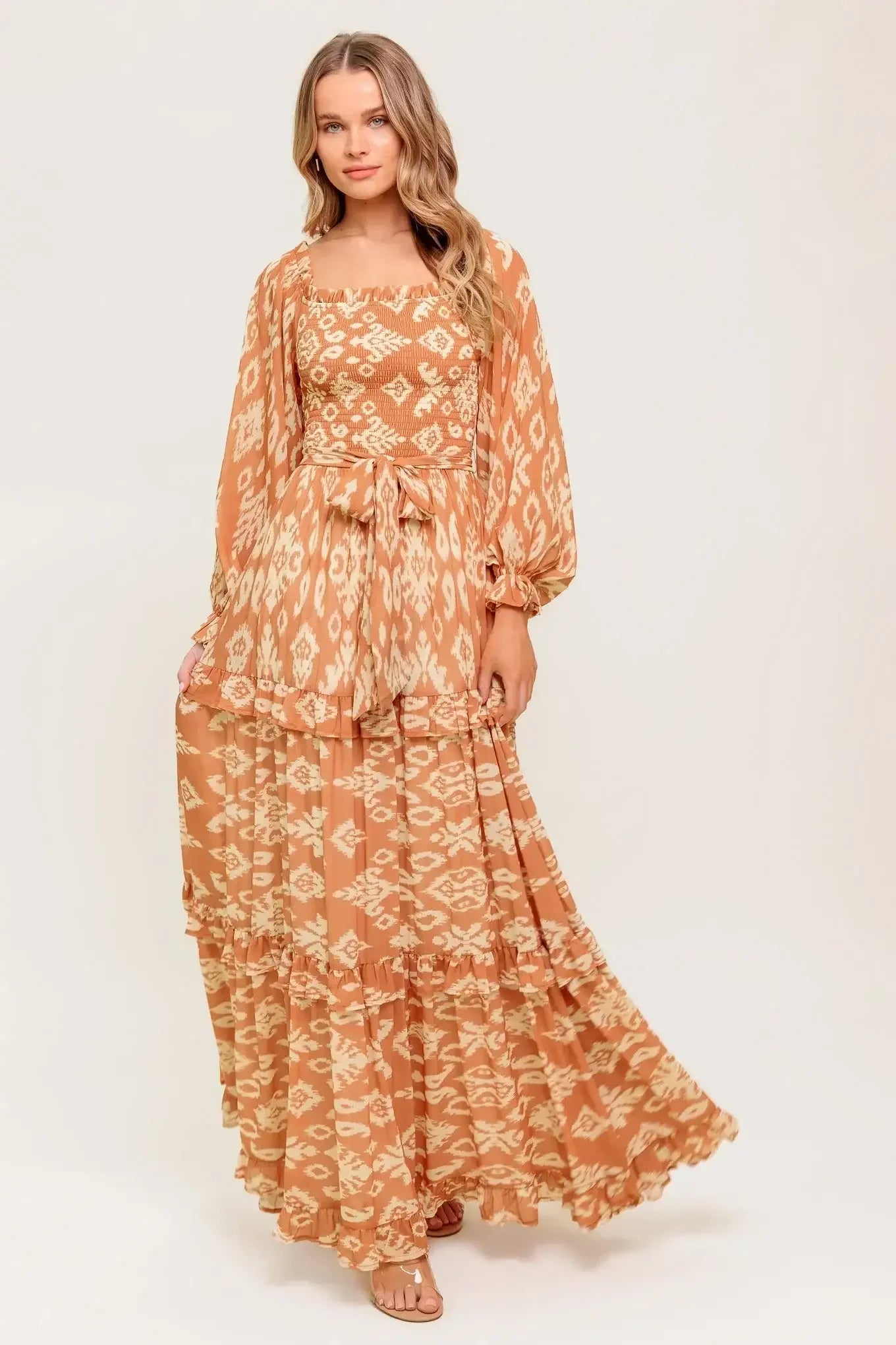 NELLIE BOHO BROWN LONG SLEEVE MAXI DRESS