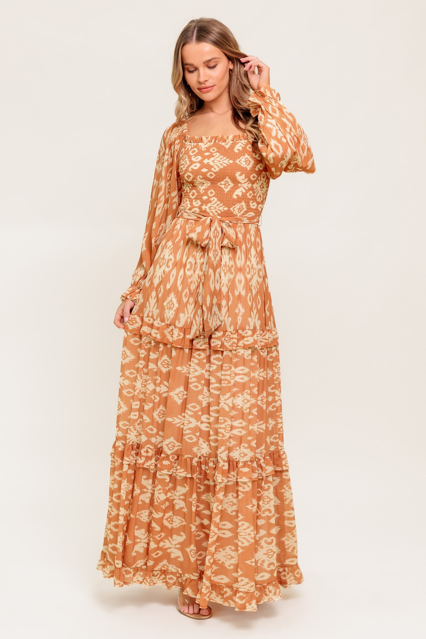 NELLIE BOHO BROWN LONG SLEEVE MAXI DRESS