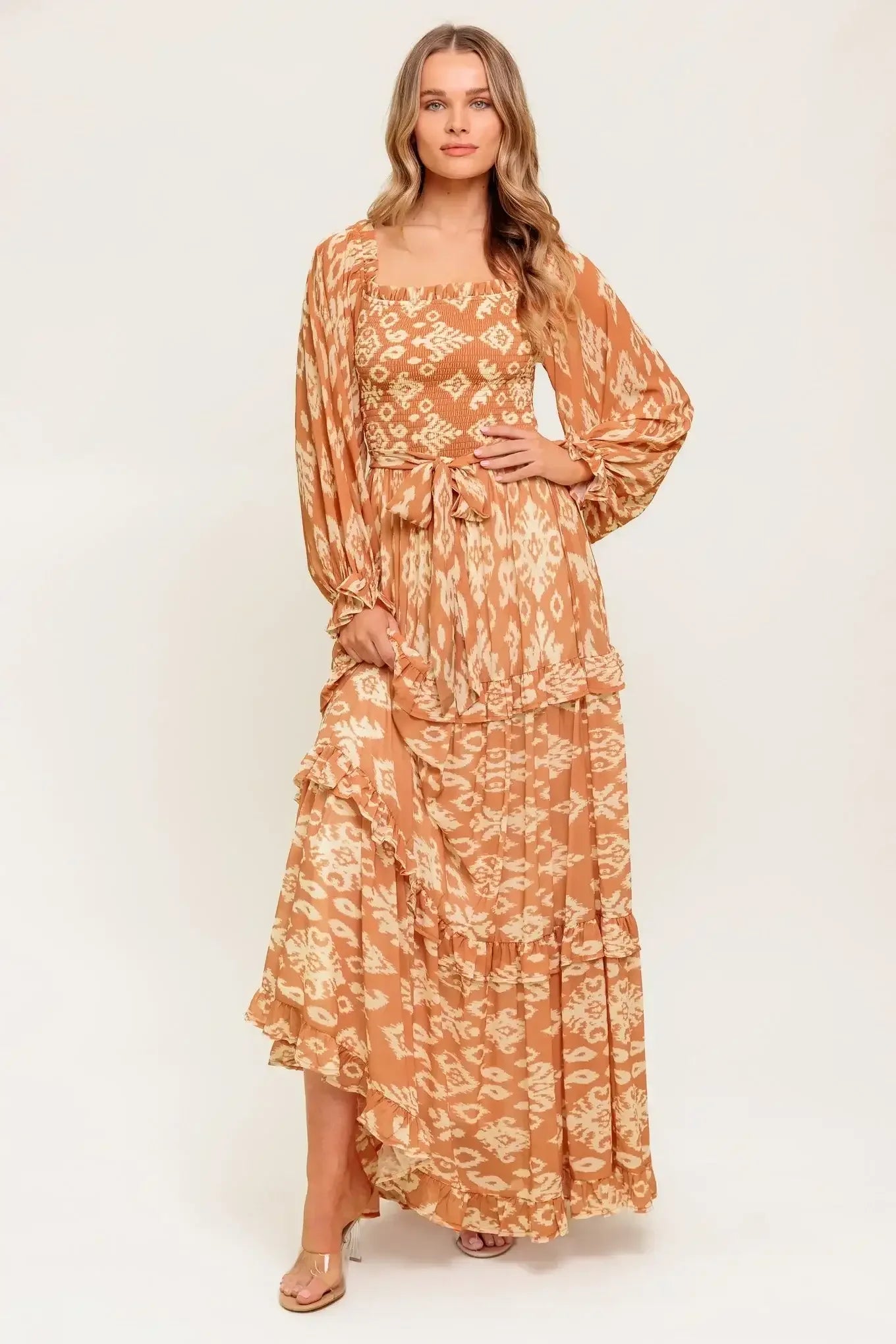 NELLIE BOHO BROWN LONG SLEEVE MAXI DRESS