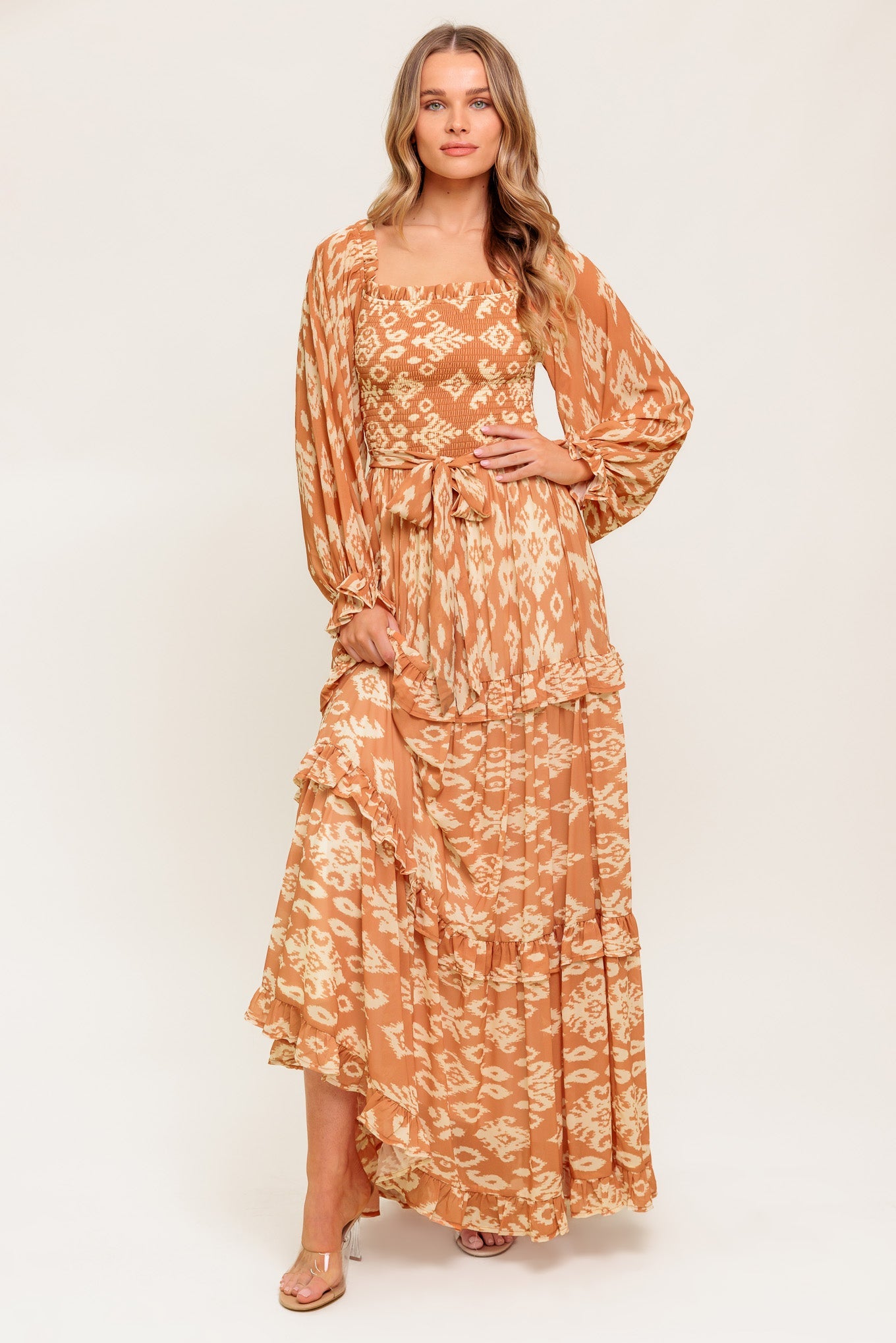 NELLIE BOHO BROWN LONG SLEEVE MAXI DRESS