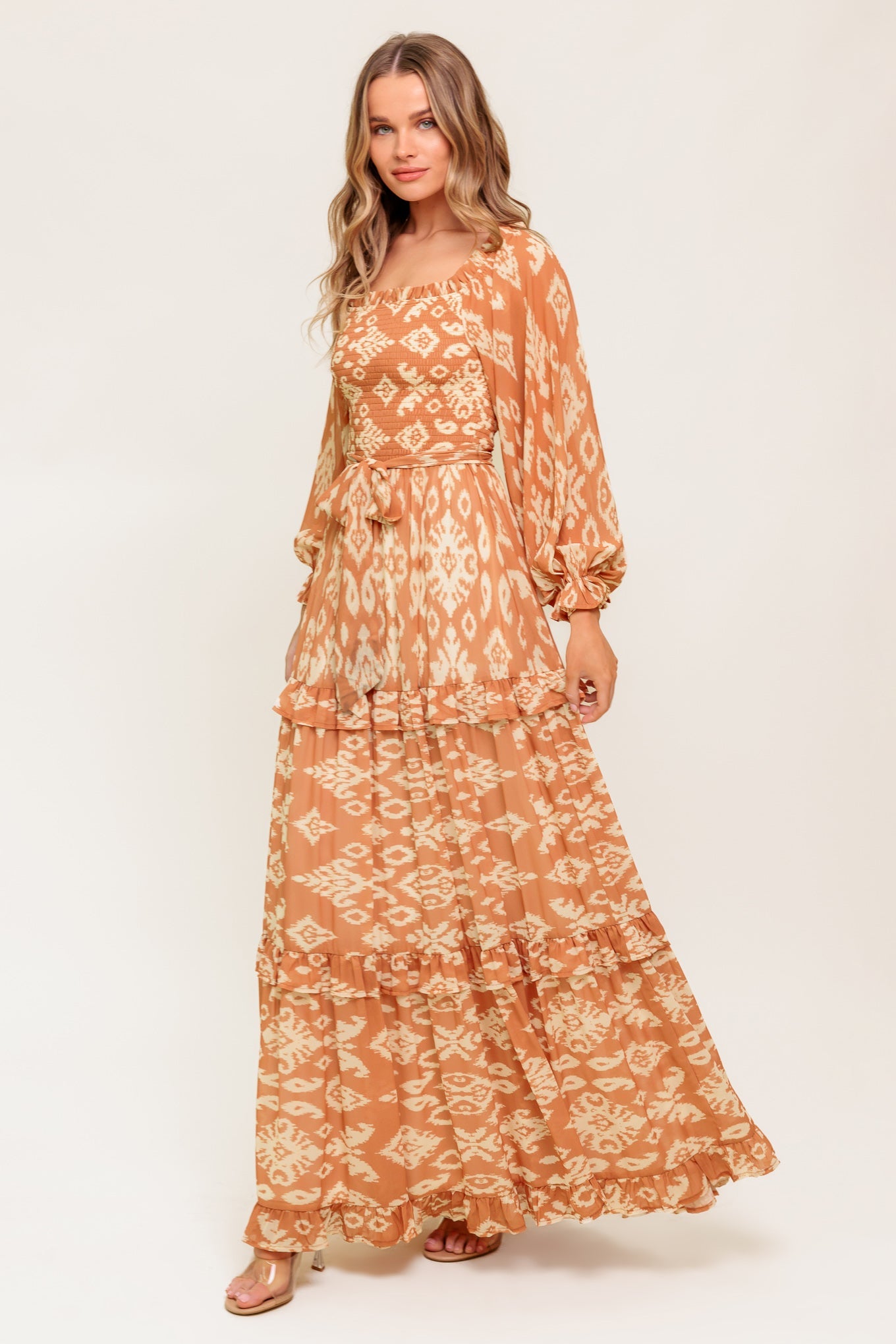 NELLIE BOHO BROWN LONG SLEEVE MAXI DRESS