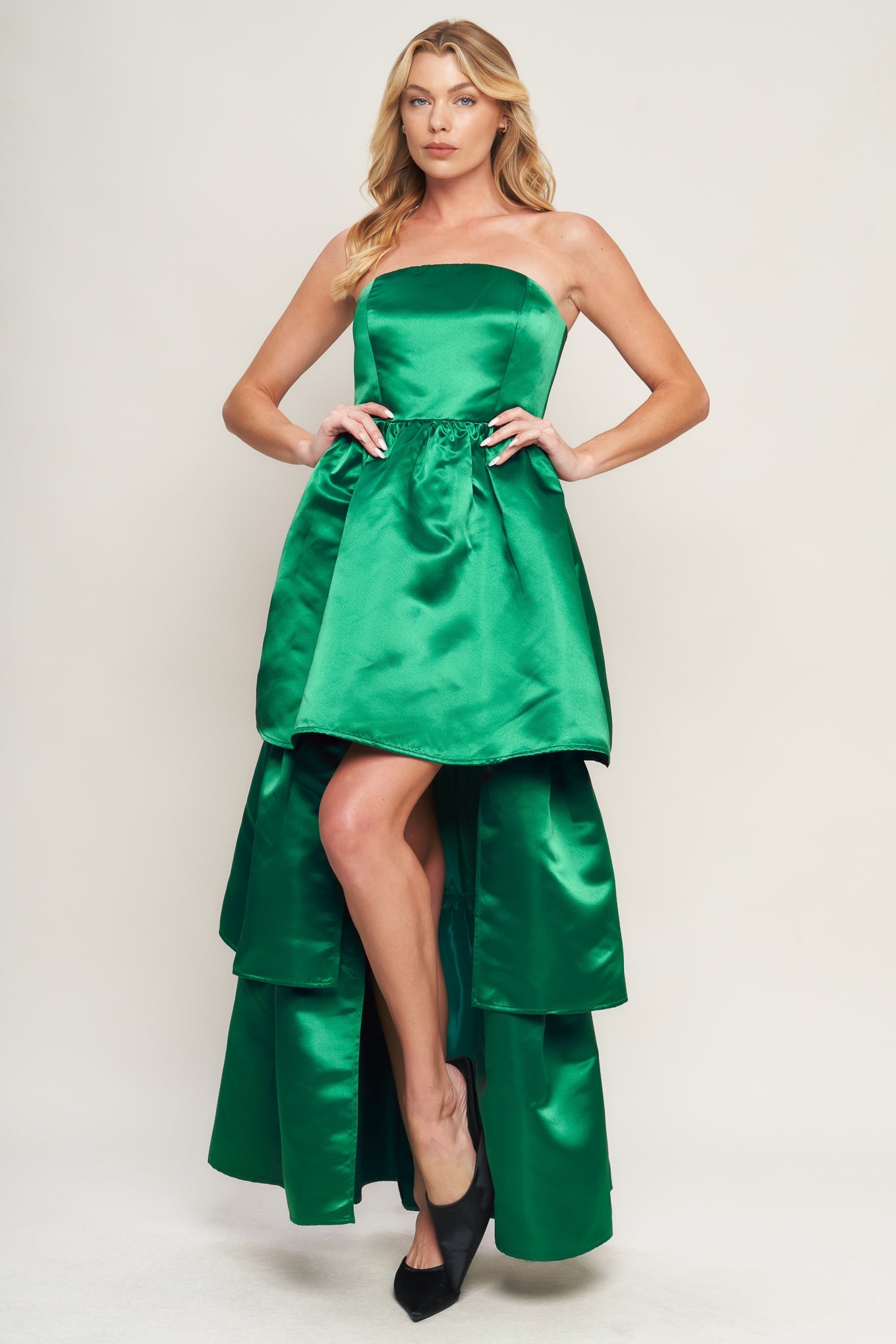 STRAPLESS GREEN SATIN MAXI DRESS WITH HIGH LOW HEM