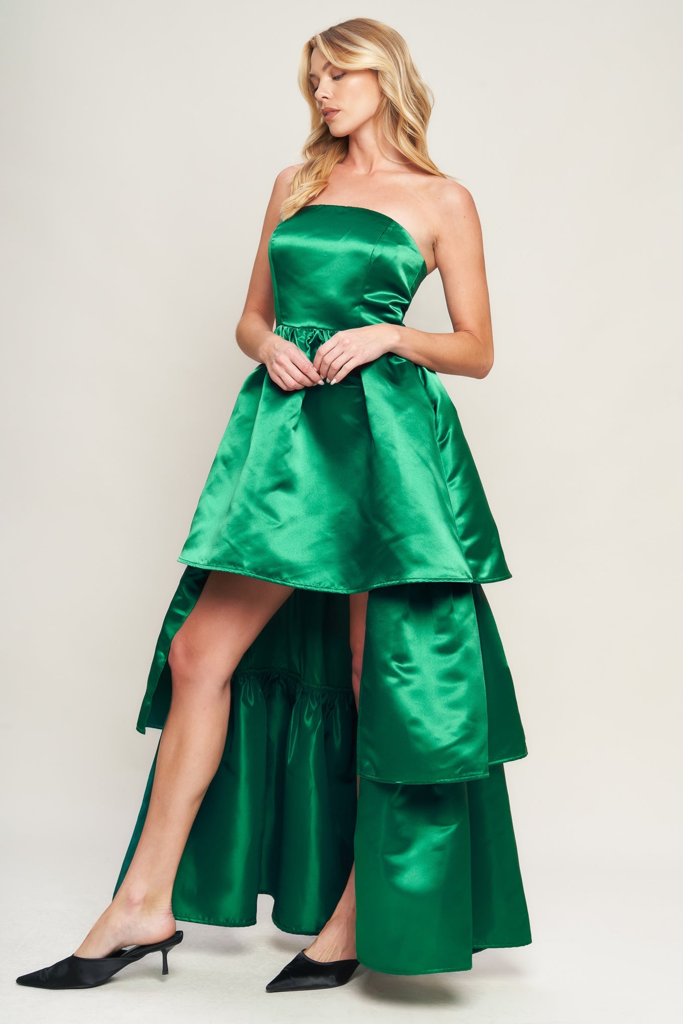STRAPLESS GREEN SATIN MAXI DRESS WITH HIGH LOW HEM