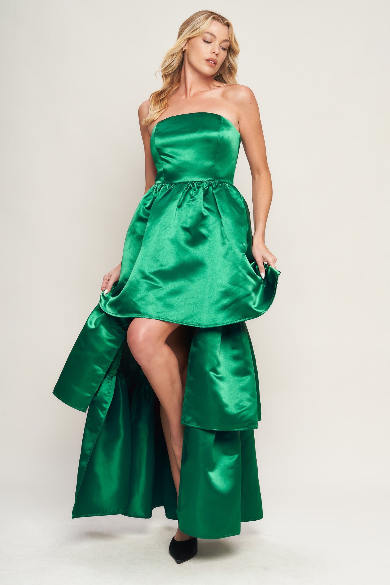STRAPLESS GREEN SATIN MAXI DRESS WITH HIGH LOW HEM
