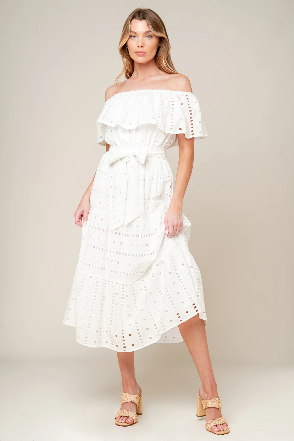 CATCHING MY BREATH EYELET MIDI DRESS