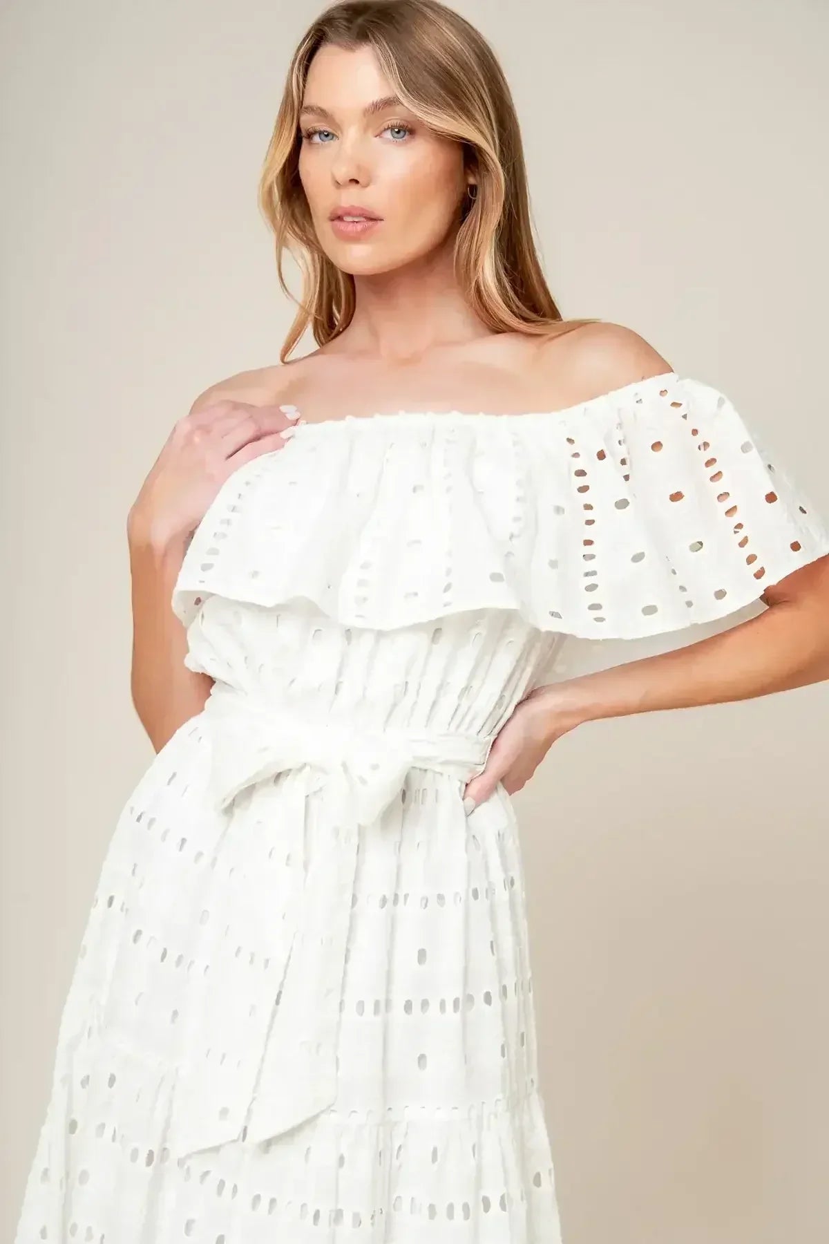 CATCHING MY BREATH EYELET MIDI DRESS