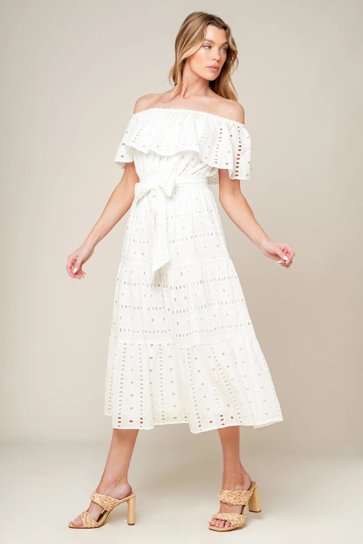 CATCHING MY BREATH EYELET MIDI DRESS