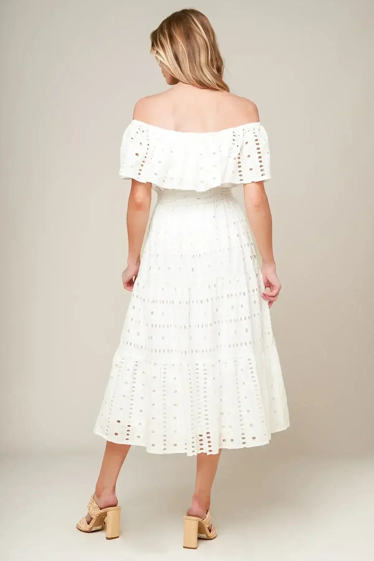 CATCHING MY BREATH EYELET MIDI DRESS