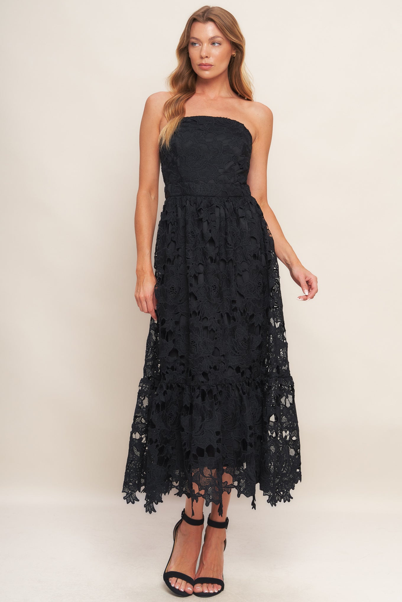 CAREFREE NIGHTS LACE MIDI DRESS - BLACK