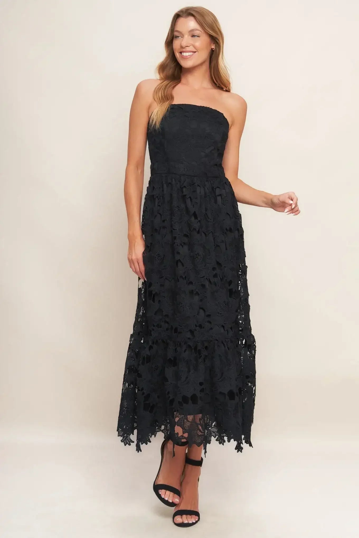 CAREFREE NIGHTS LACE MIDI DRESS - BLACK