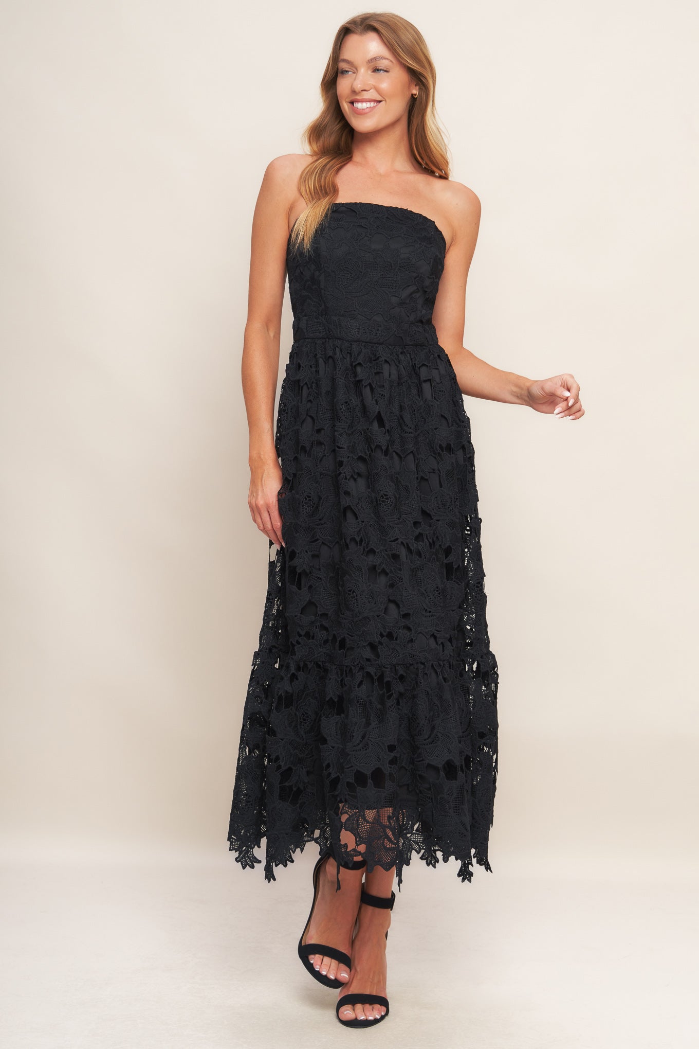 CAREFREE NIGHTS LACE MIDI DRESS - BLACK