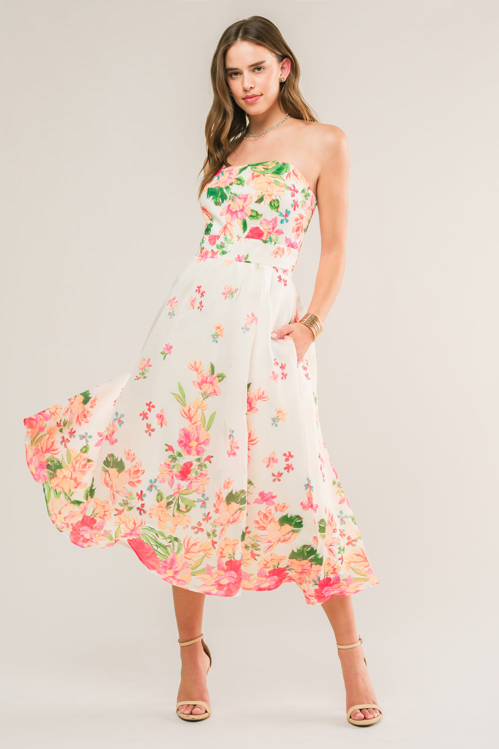 BRUNCH BOUQUET - STRAPLESS FLORAL MIDI DRESS