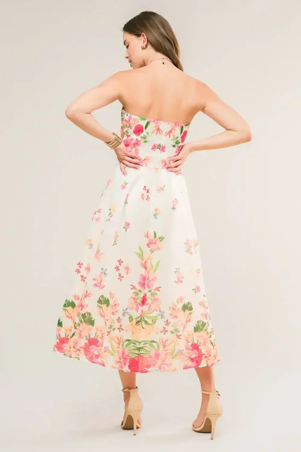 BRUNCH BOUQUET - STRAPLESS FLORAL MIDI DRESS