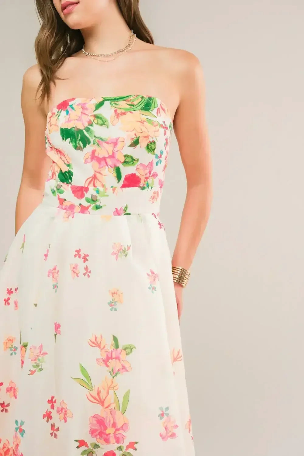 BRUNCH BOUQUET - STRAPLESS FLORAL MIDI DRESS