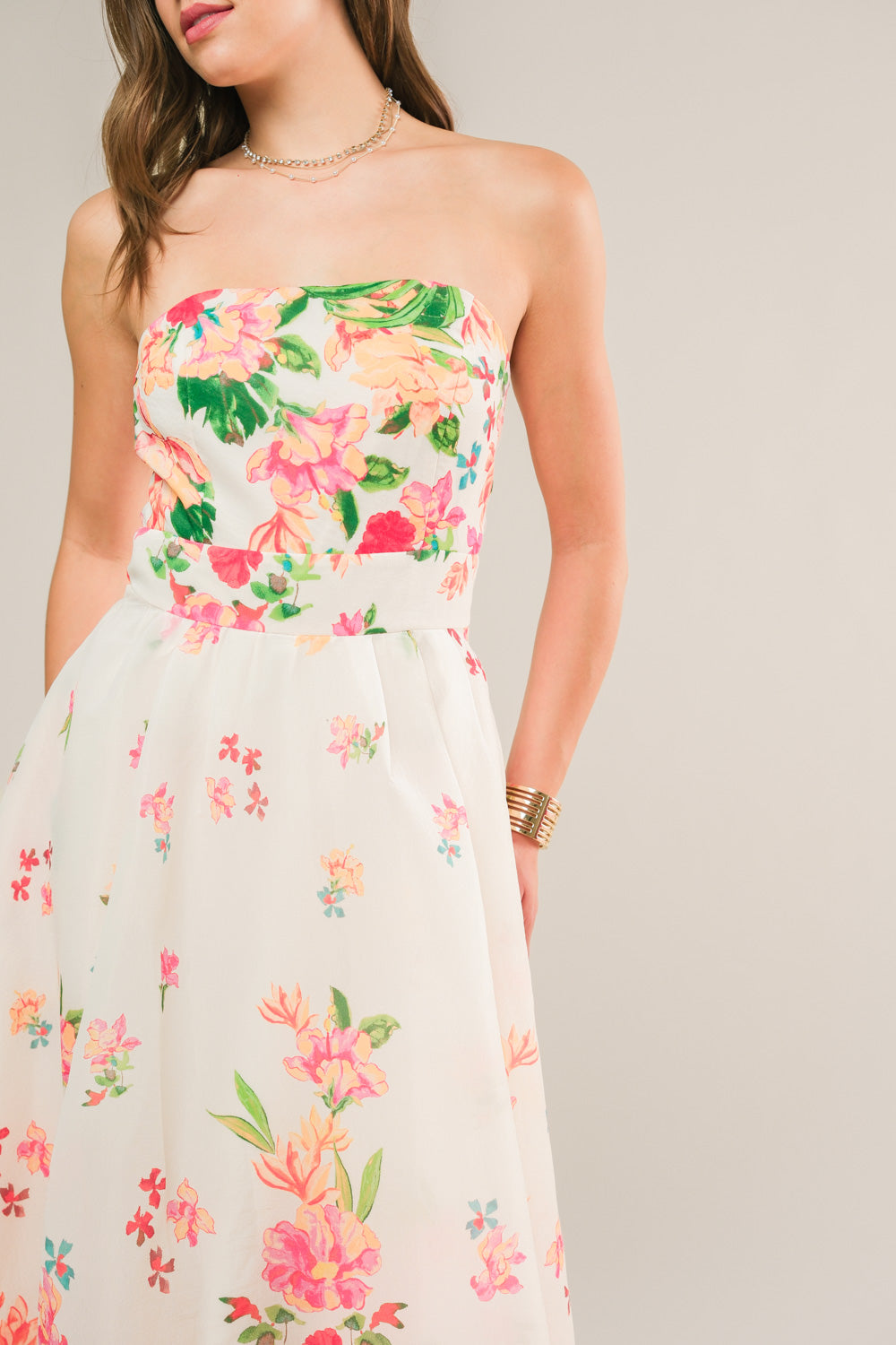 BRUNCH BOUQUET - STRAPLESS FLORAL MIDI DRESS