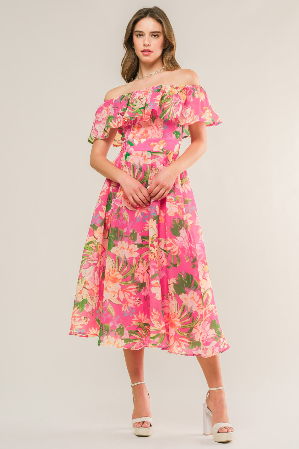 pink midi dress elegant Floral Midi Dress - Elegant One-Shoulder Evening Gown main image 0