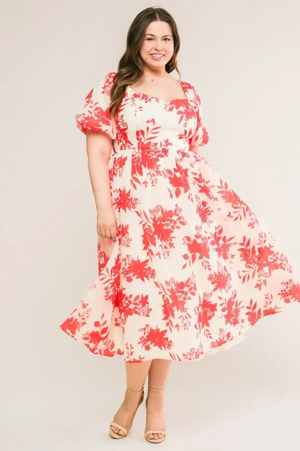 COTTAGE GARDEN PUFF SLEEVE MIDI DRESS - RED