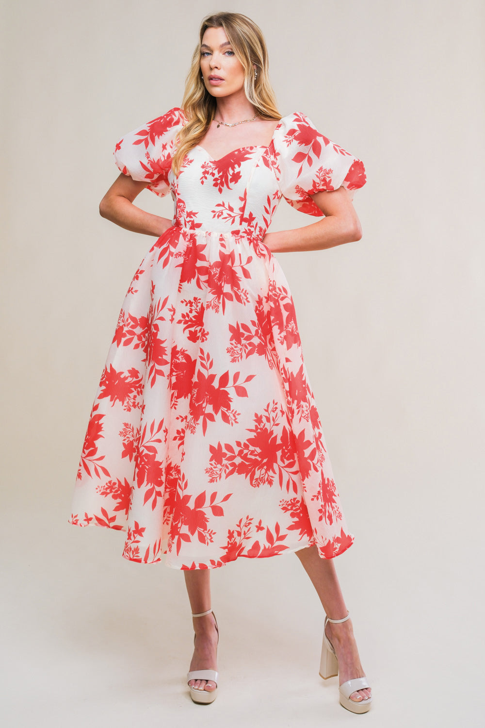 Lady Black Tie - Cottage Garden Puff Sleeve Midi Dress - Red