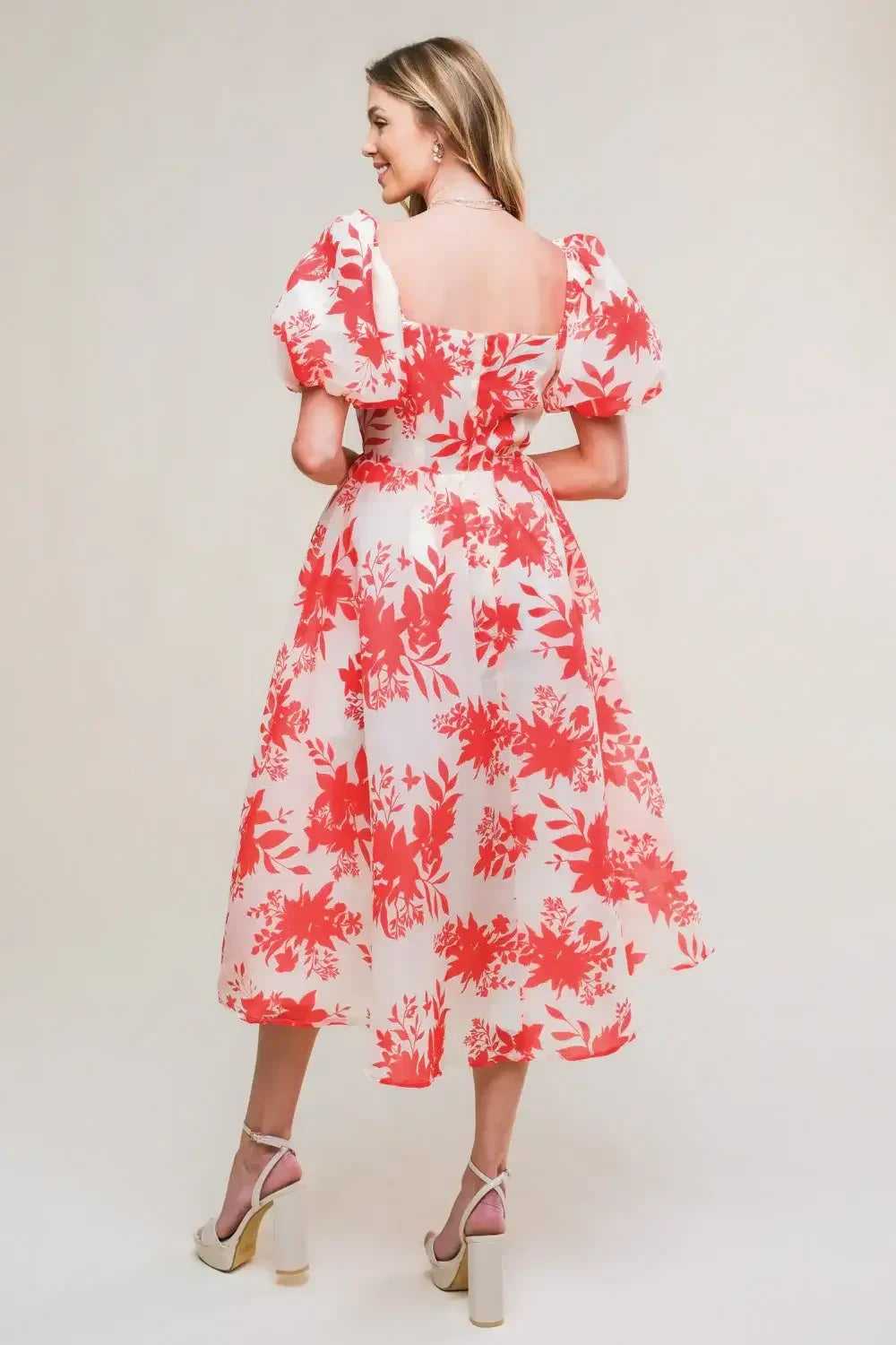 COTTAGE GARDEN PUFF SLEEVE MIDI DRESS - RED