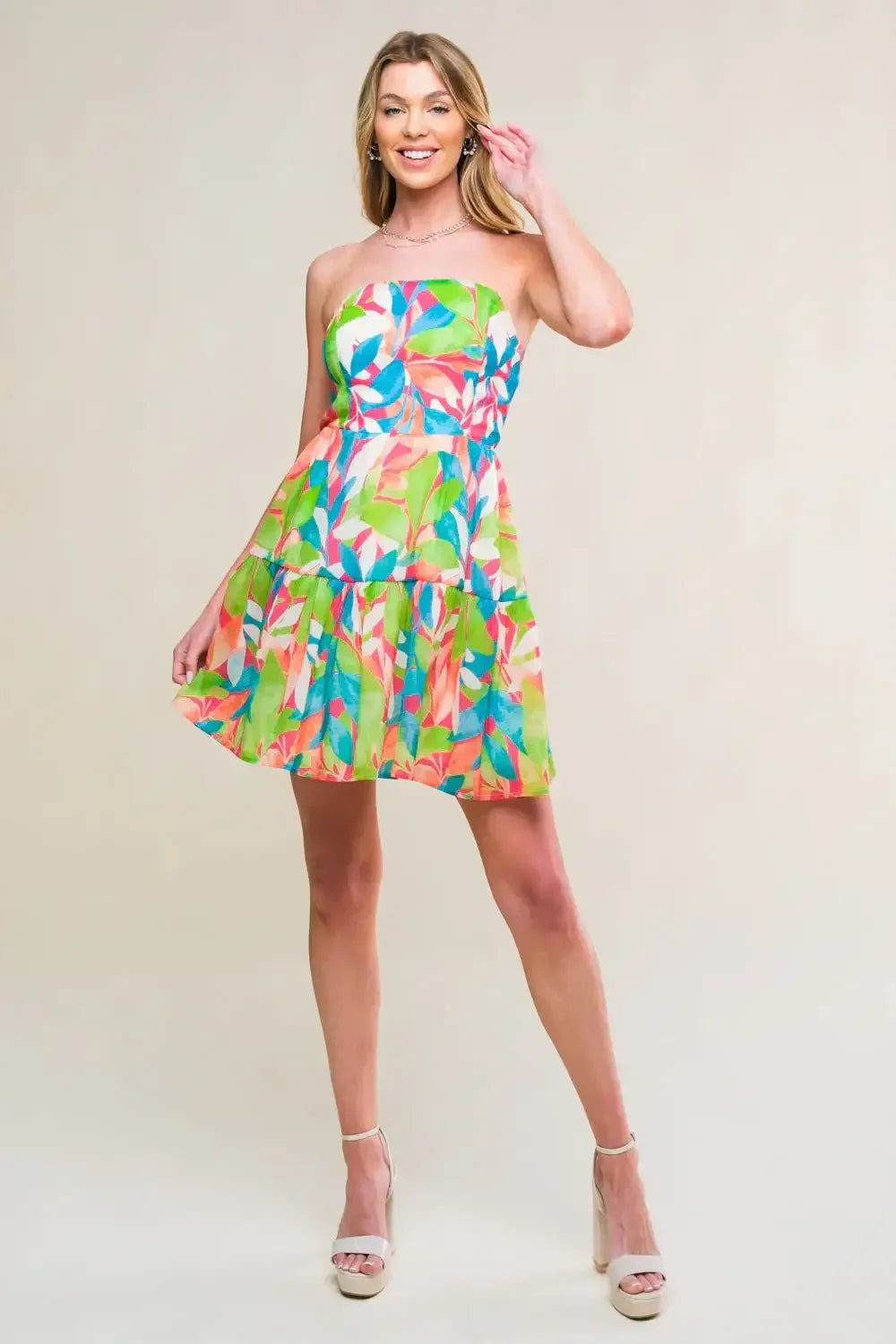 LYNDA STRAPLESS LEAF PRINT MINI DRESS