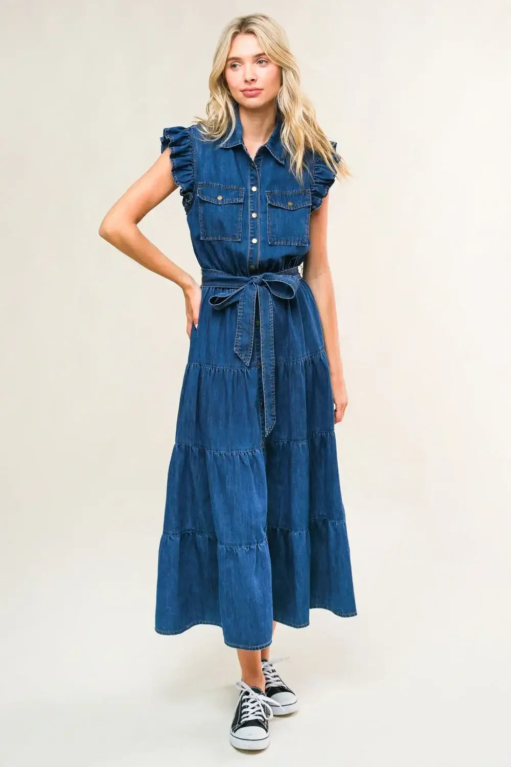 FAN FAVORITE RUFFLE SLEEVE DENIM MIDI DRESS