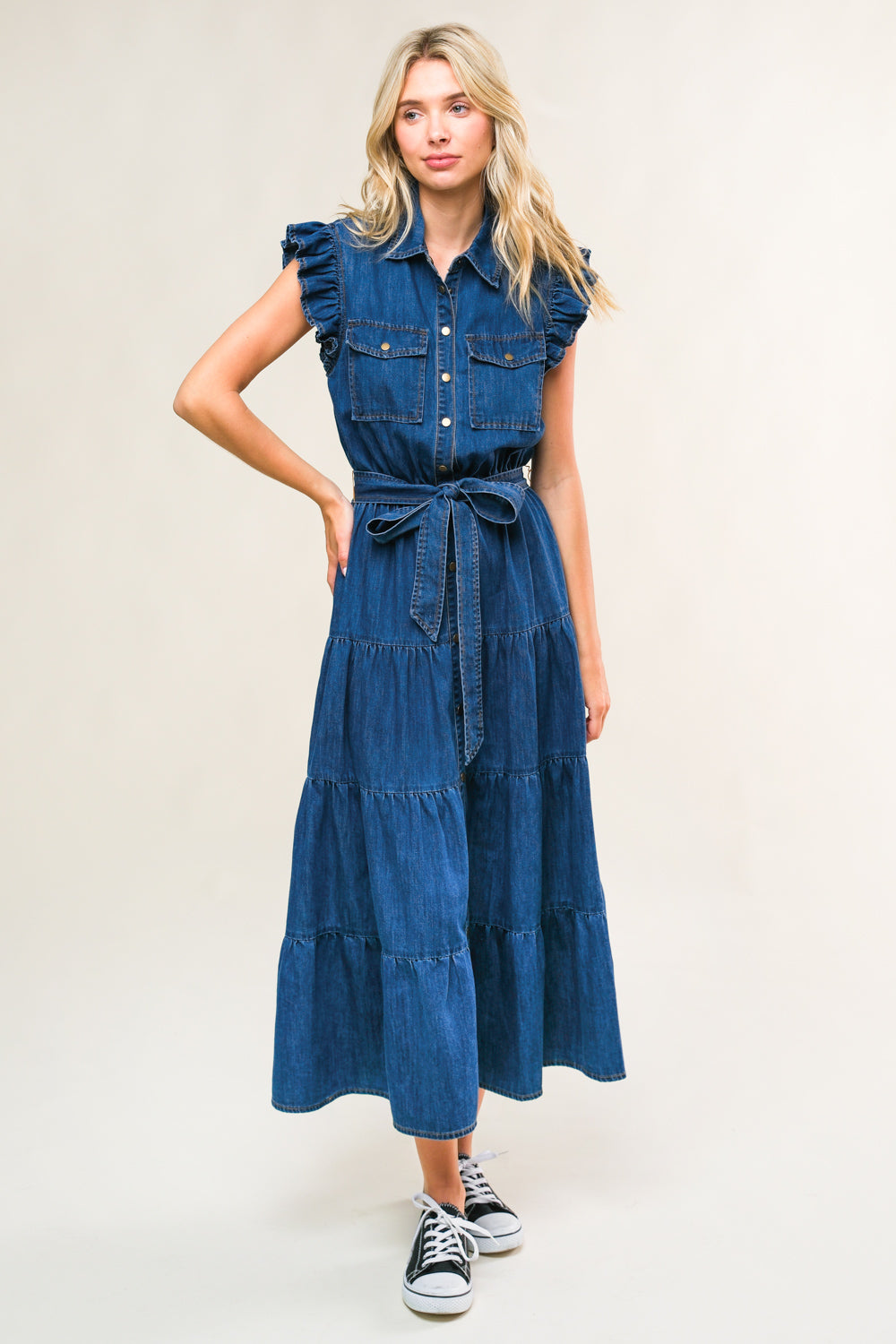 FAN FAVORITE RUFFLE SLEEVE DENIM MIDI DRESS