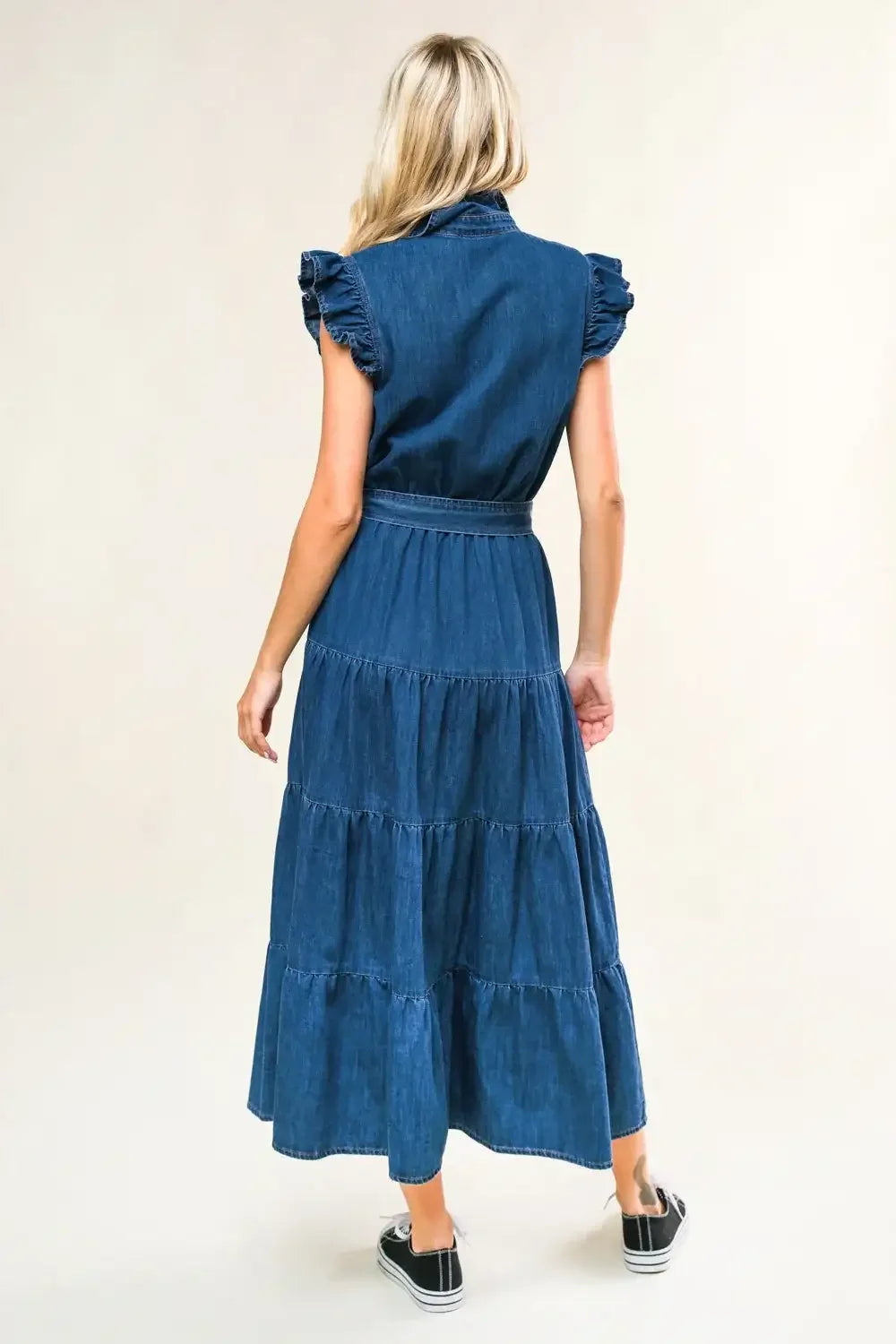 FAN FAVORITE RUFFLE SLEEVE DENIM MIDI DRESS