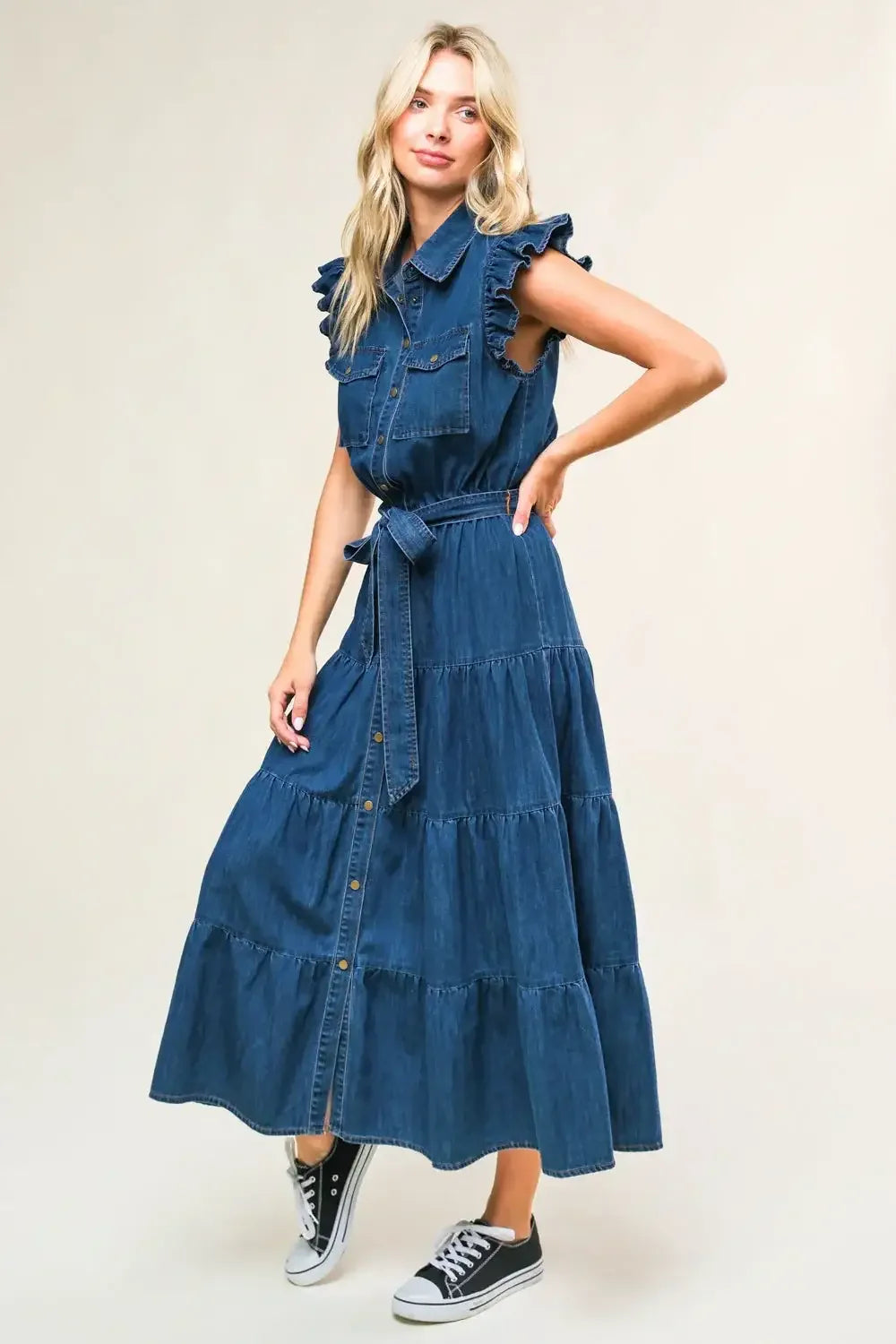 FAN FAVORITE RUFFLE SLEEVE DENIM MIDI DRESS