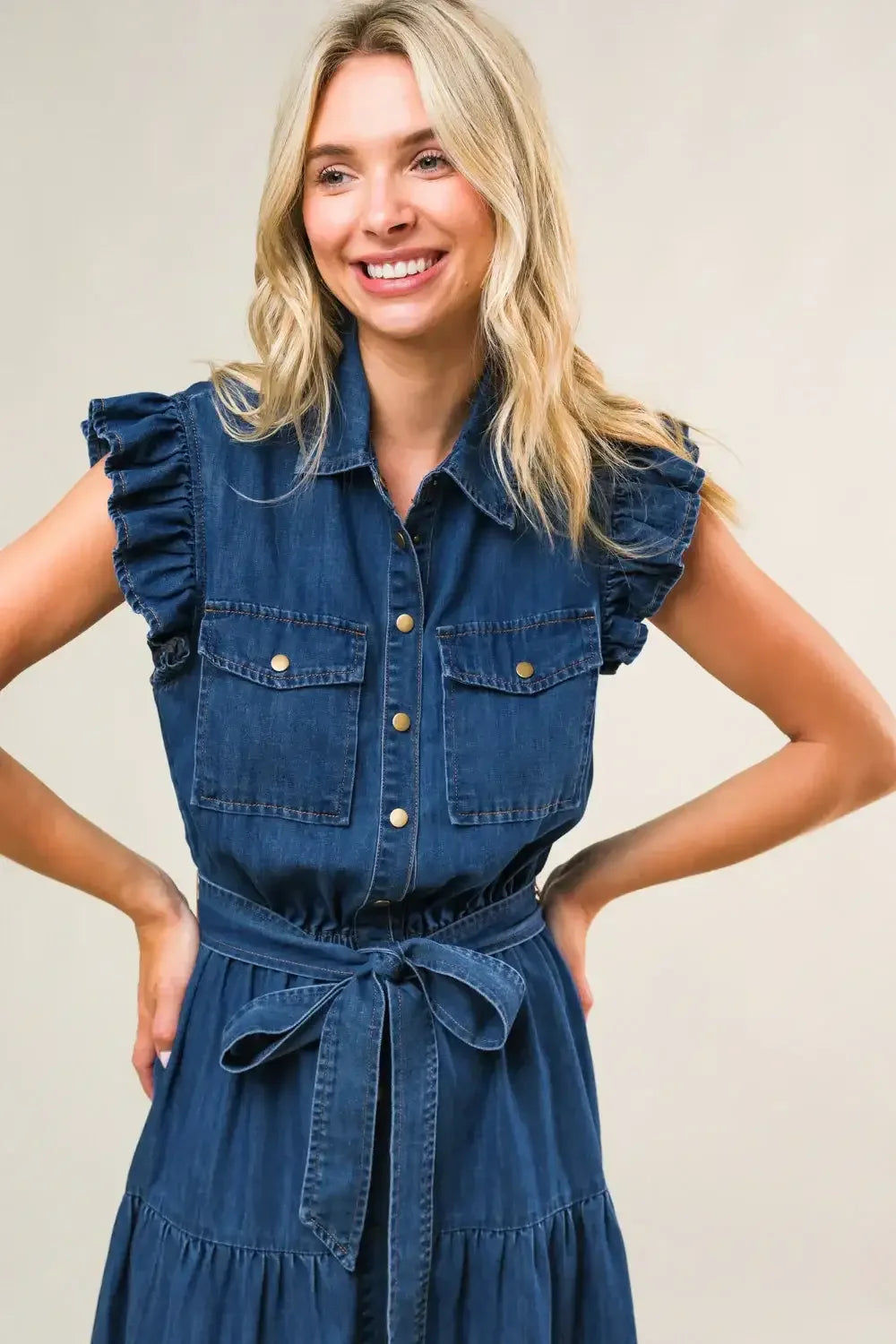 FAN FAVORITE RUFFLE SLEEVE DENIM MIDI DRESS