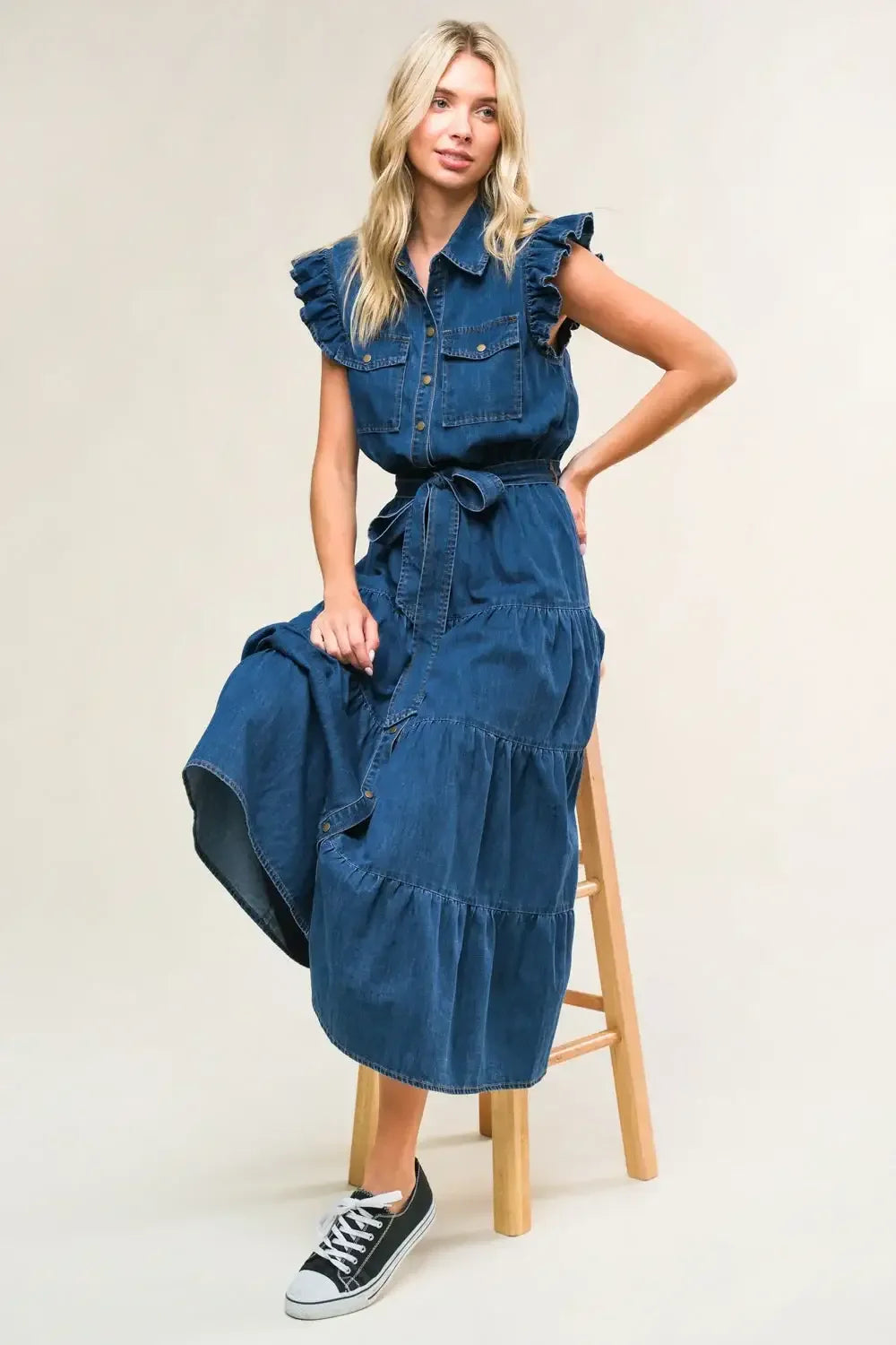 FAN FAVORITE RUFFLE SLEEVE DENIM MIDI DRESS